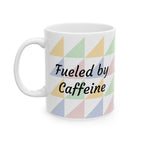 Pastel Geometric Ceramic Mug — 'Fueled by Caffeine...and RAGE' Patterned Coffee Cup (11oz, 15oz)