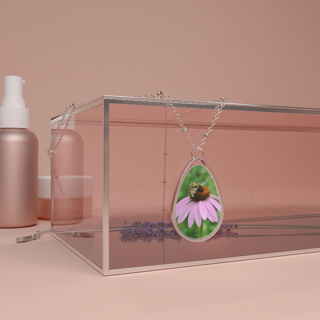 Oval Necklace — Bee on Pink Coneflower Teardrop Pendant Necklace