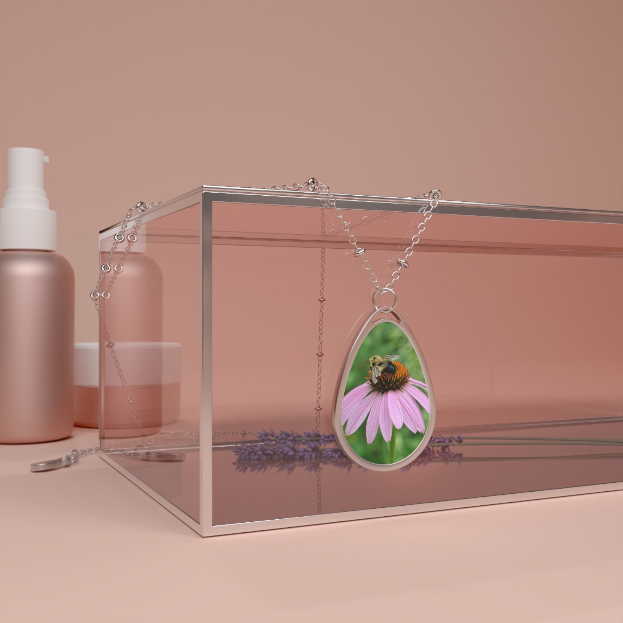 Oval Necklace — Bee on Pink Coneflower Teardrop Pendant Necklace