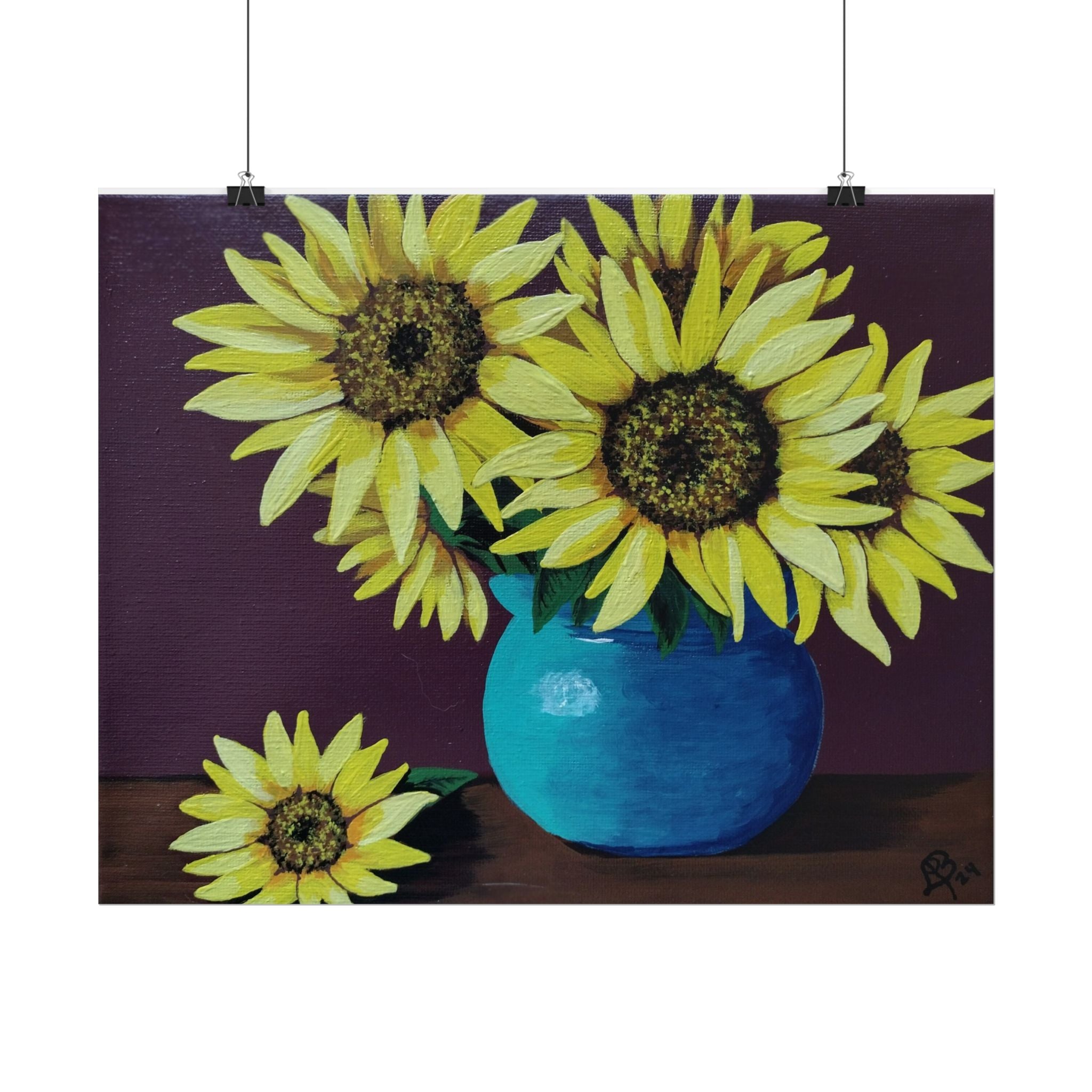 Yellow Sunflowers in Blue Vase Rolled Art Print