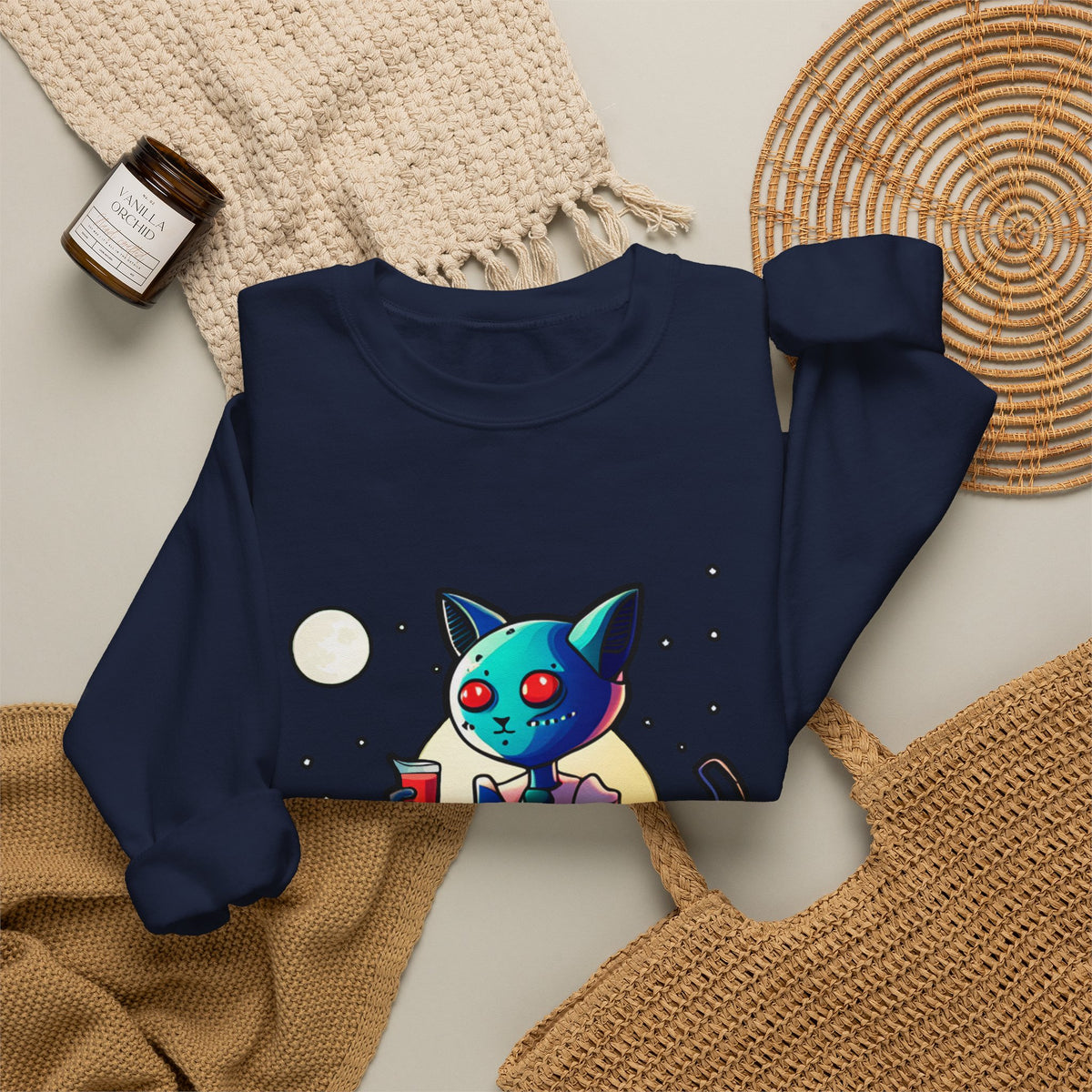 Alien Cat Crewneck Sweatshirt — Neon Cosmic Cat Graphic