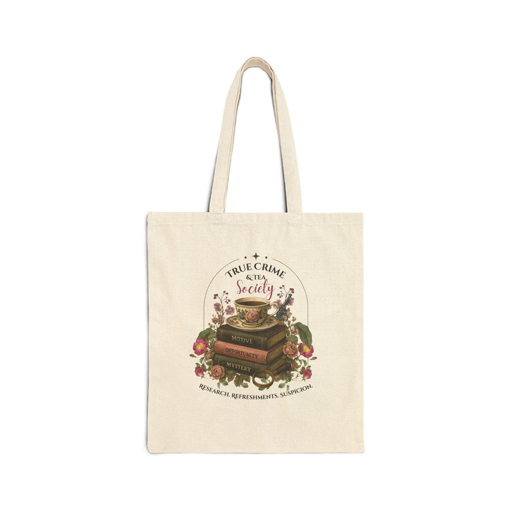 Tote Bag — 'True Crime & Tea' Vintage Bookstack Canvas Tote for Book Lovers