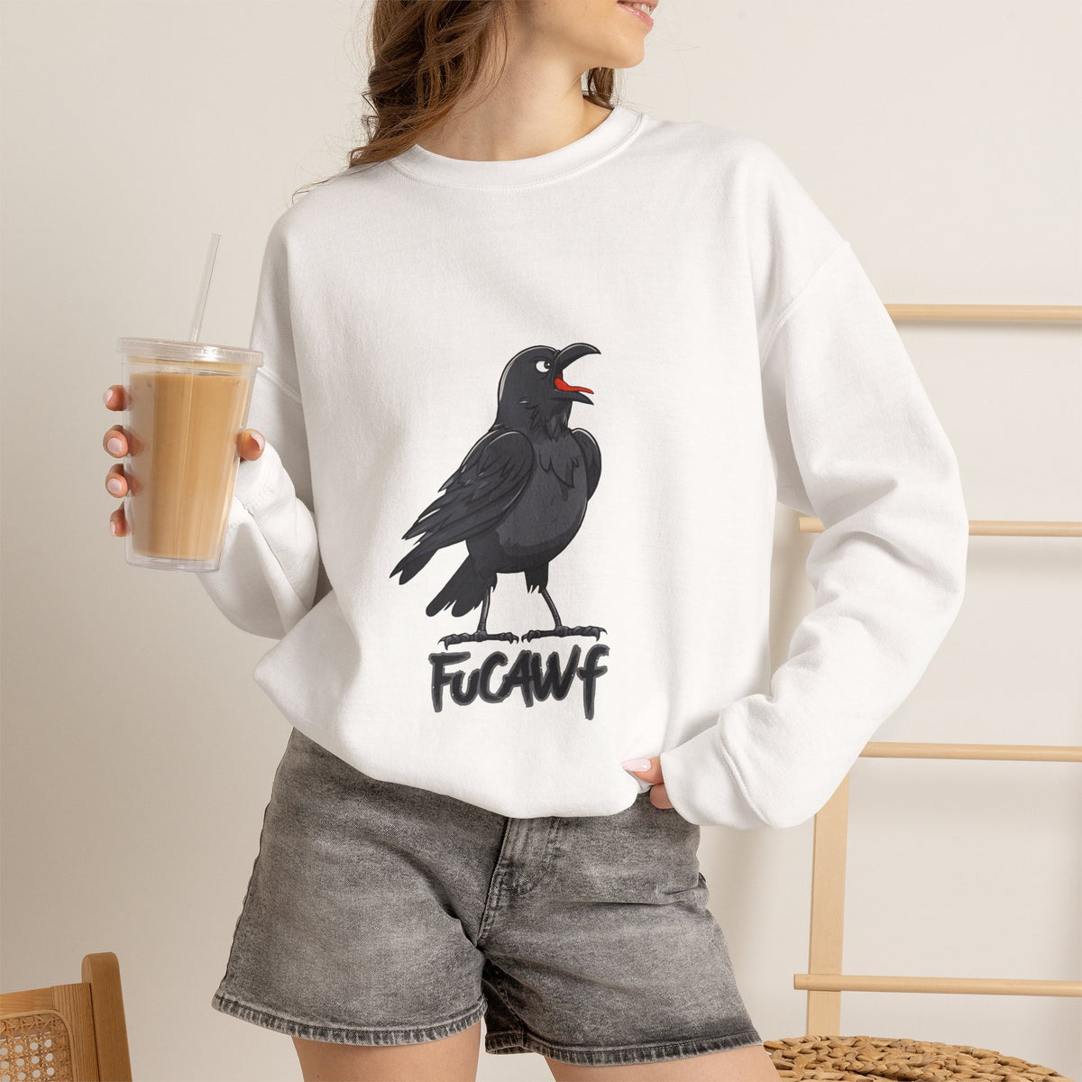 Crewneck Sweatshirt — Screaming Crow Graphic with "FUC AWF" Text