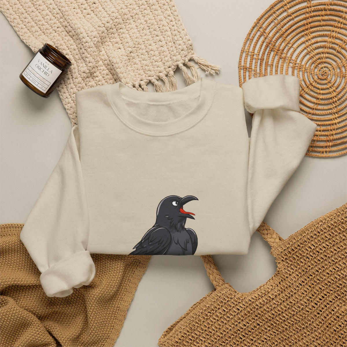 Crewneck Sweatshirt — Screaming Crow Graphic with "FUC AWF" Text