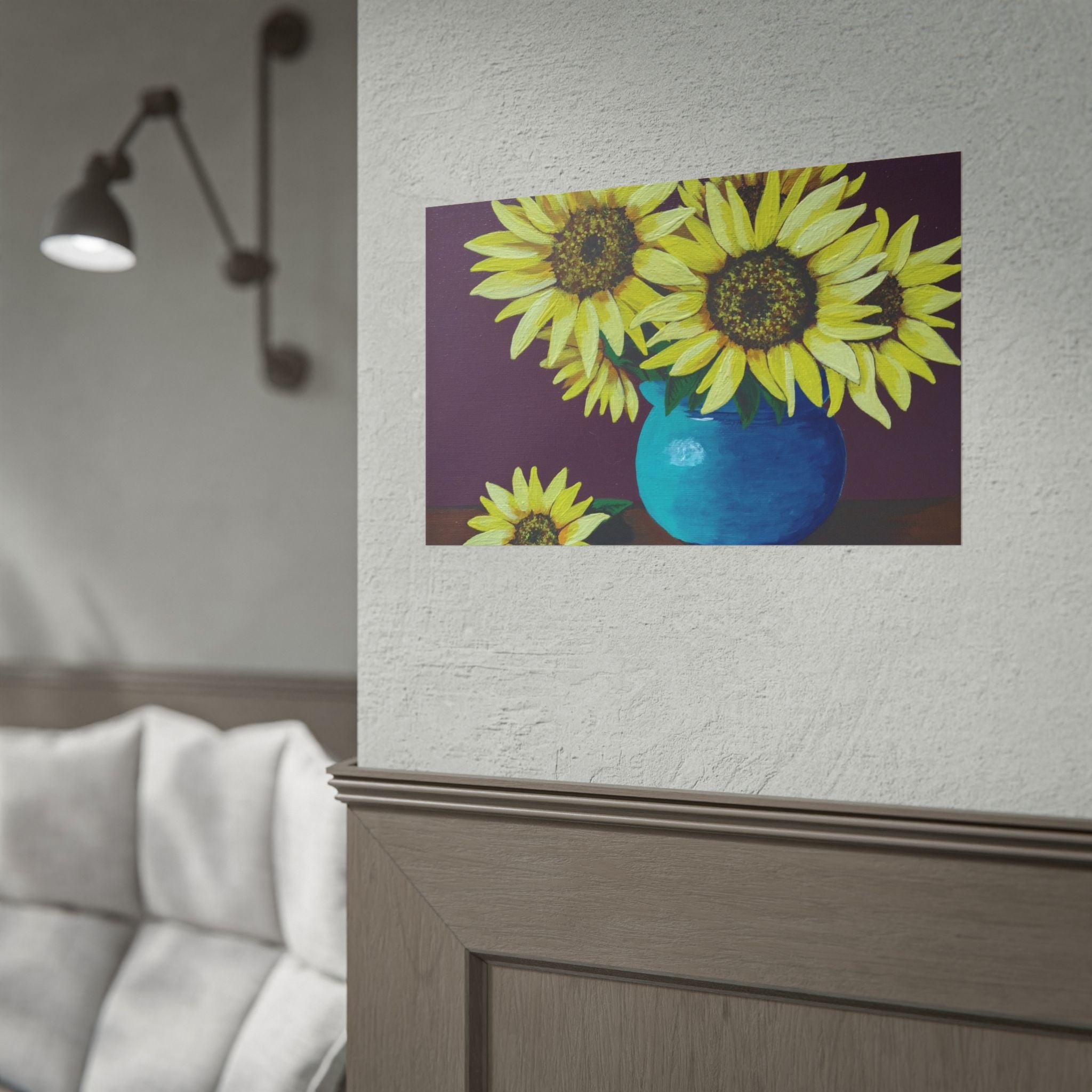 Yellow Sunflowers in Blue Vase Rolled Art Print