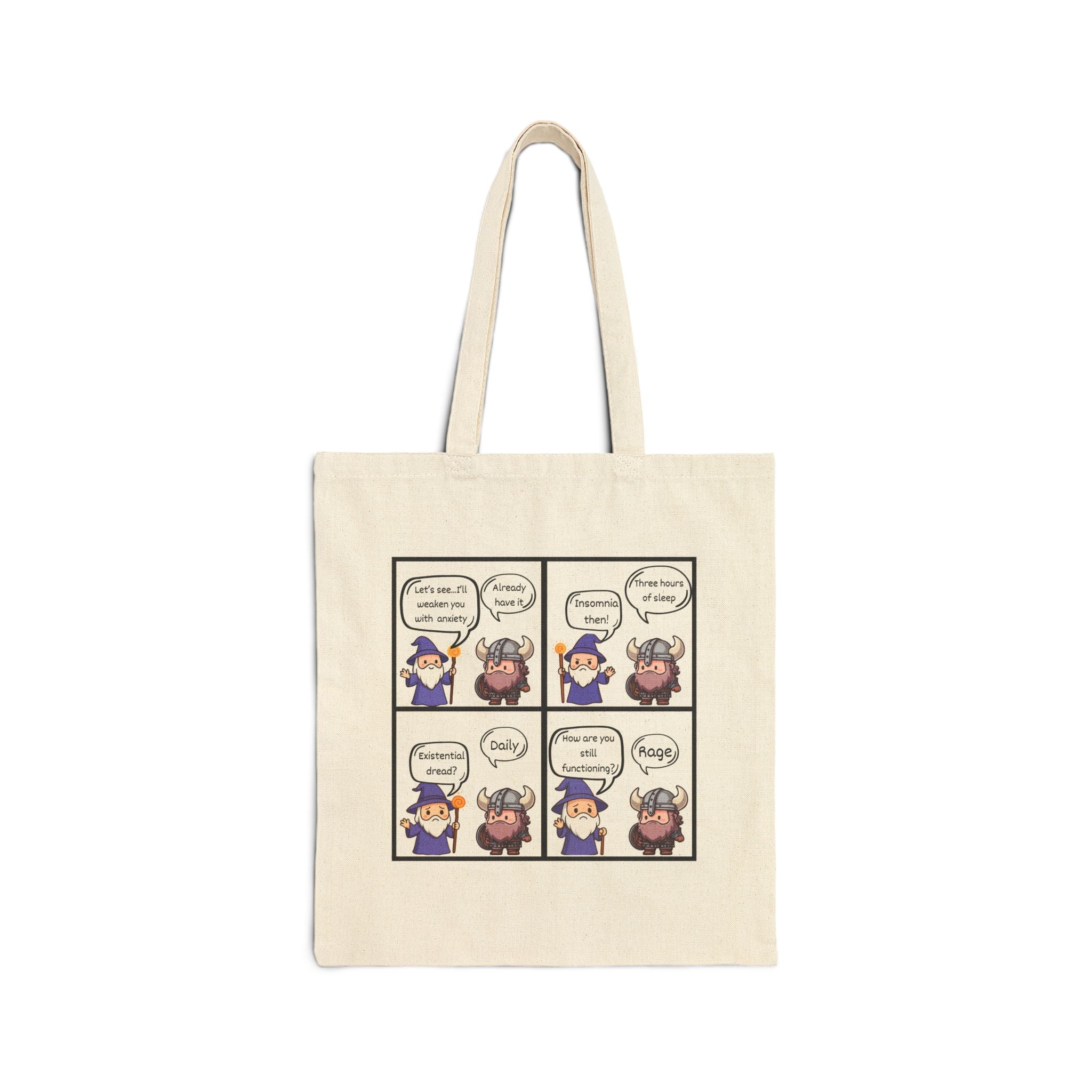 D&D Comic Panel Canvas Tote Bag — Cute Wizard Cartoon Grocery Book Bag