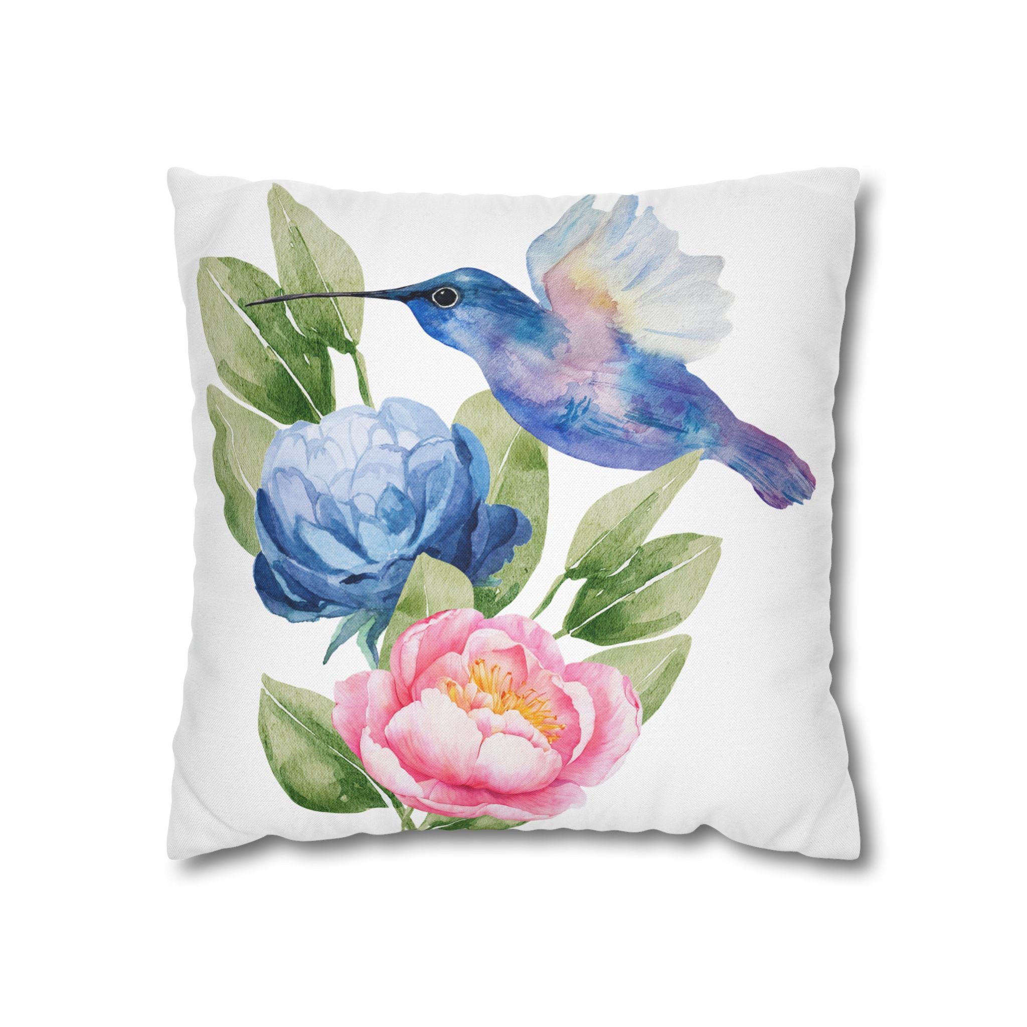 Hummingbird & Peonies Decorative Throw Pillowcase — Watercolor Floral Accent