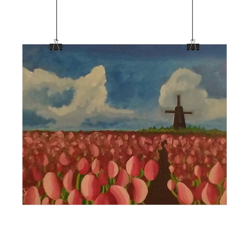 Rolled Poster — Tulip Field Landscape Print with Windmill