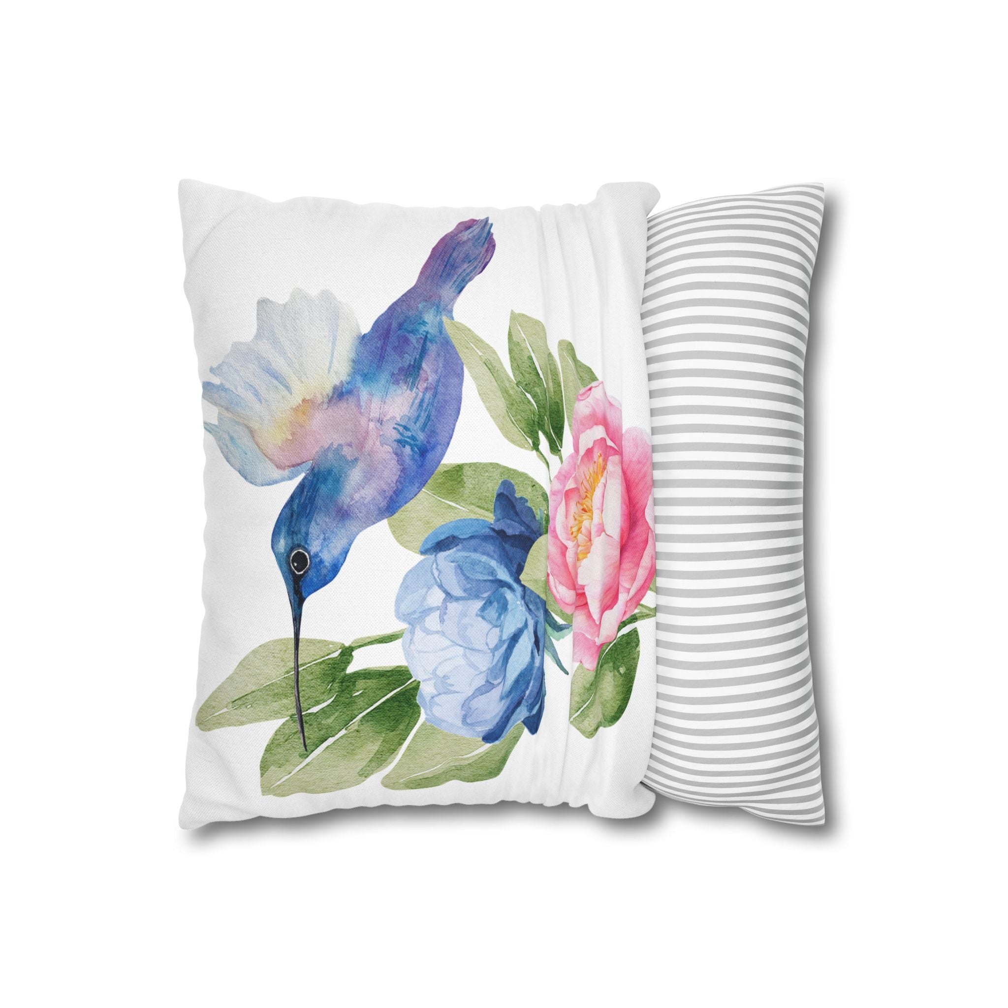 Hummingbird & Peonies Decorative Throw Pillowcase — Watercolor Floral Accent