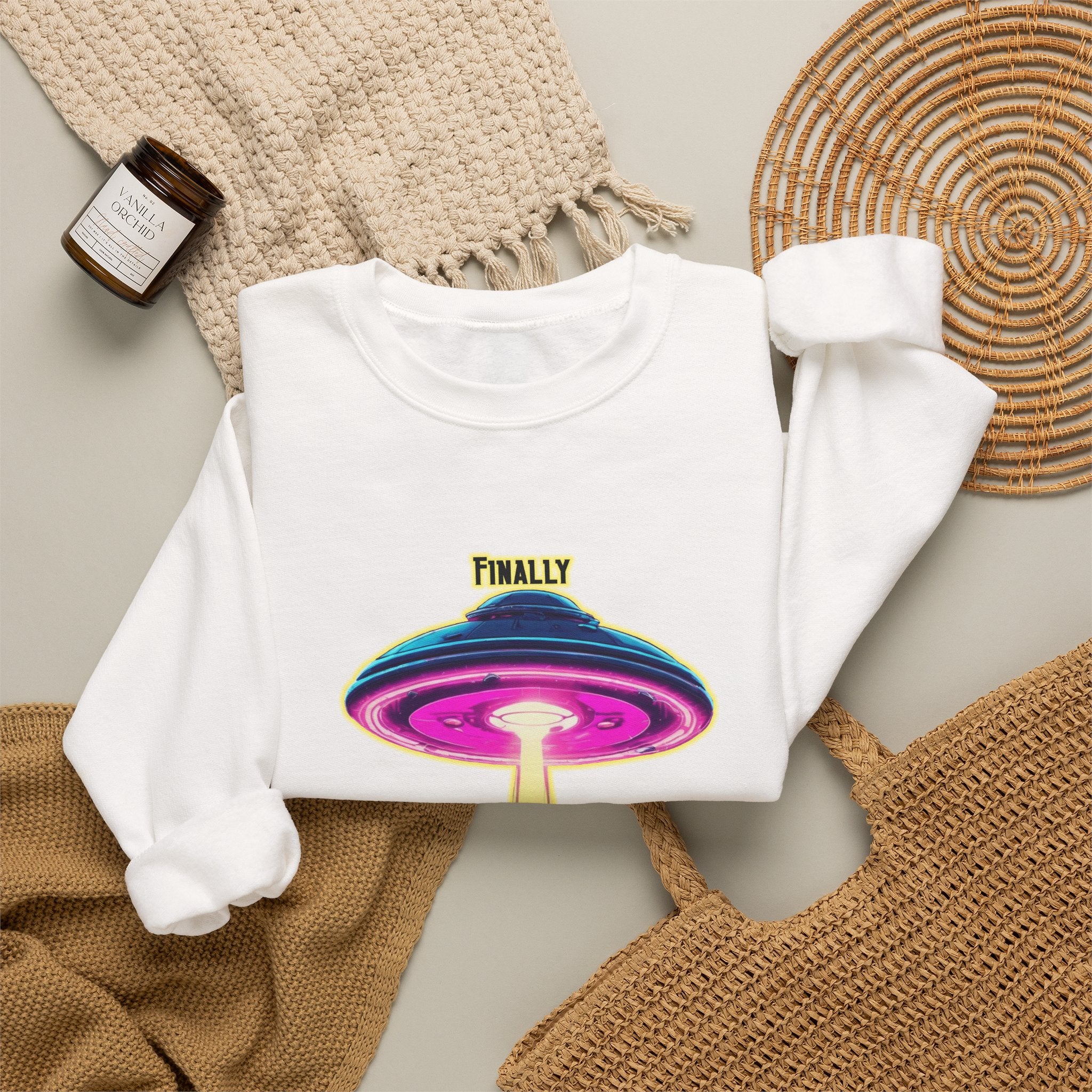Crewneck Sweatshirt — "Finally We Found Intelligent Life" Neon UFO Graphic