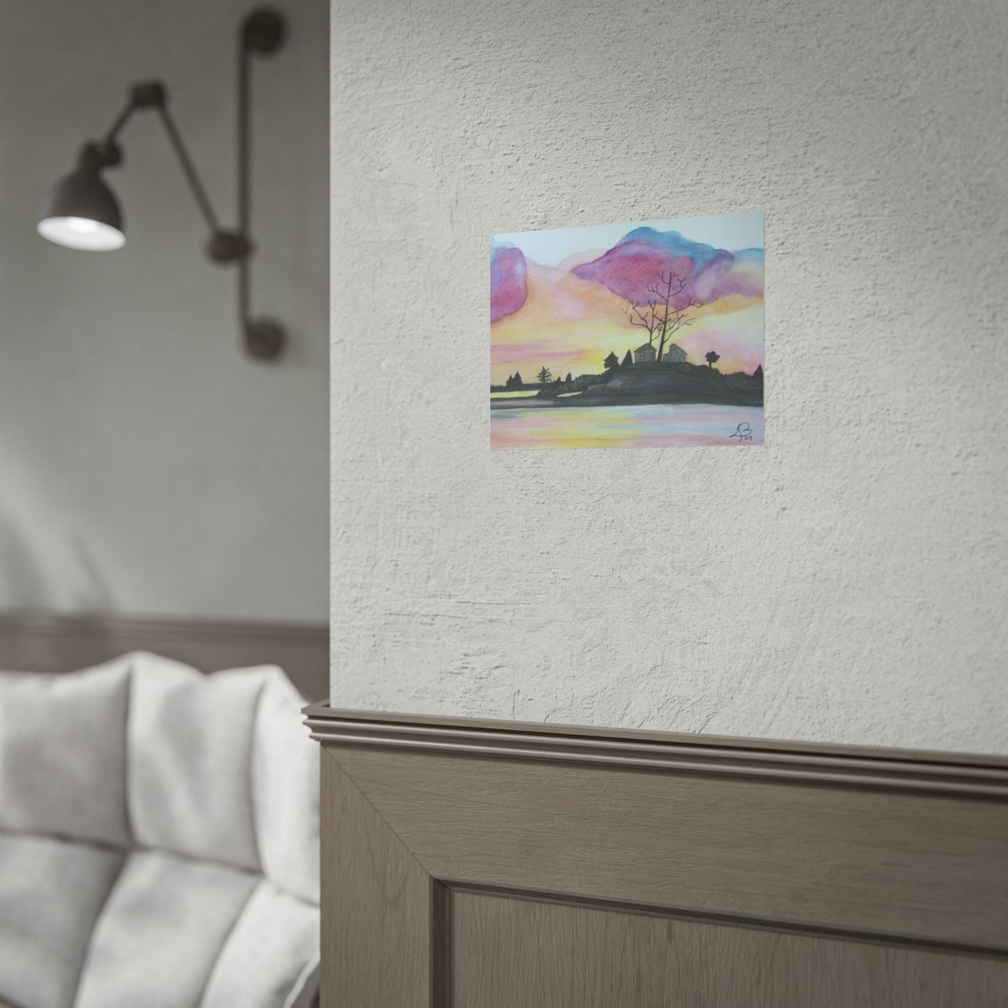 Sunset Lakeside Poster — Watercolor Cottage Landscape Rolled Art Print