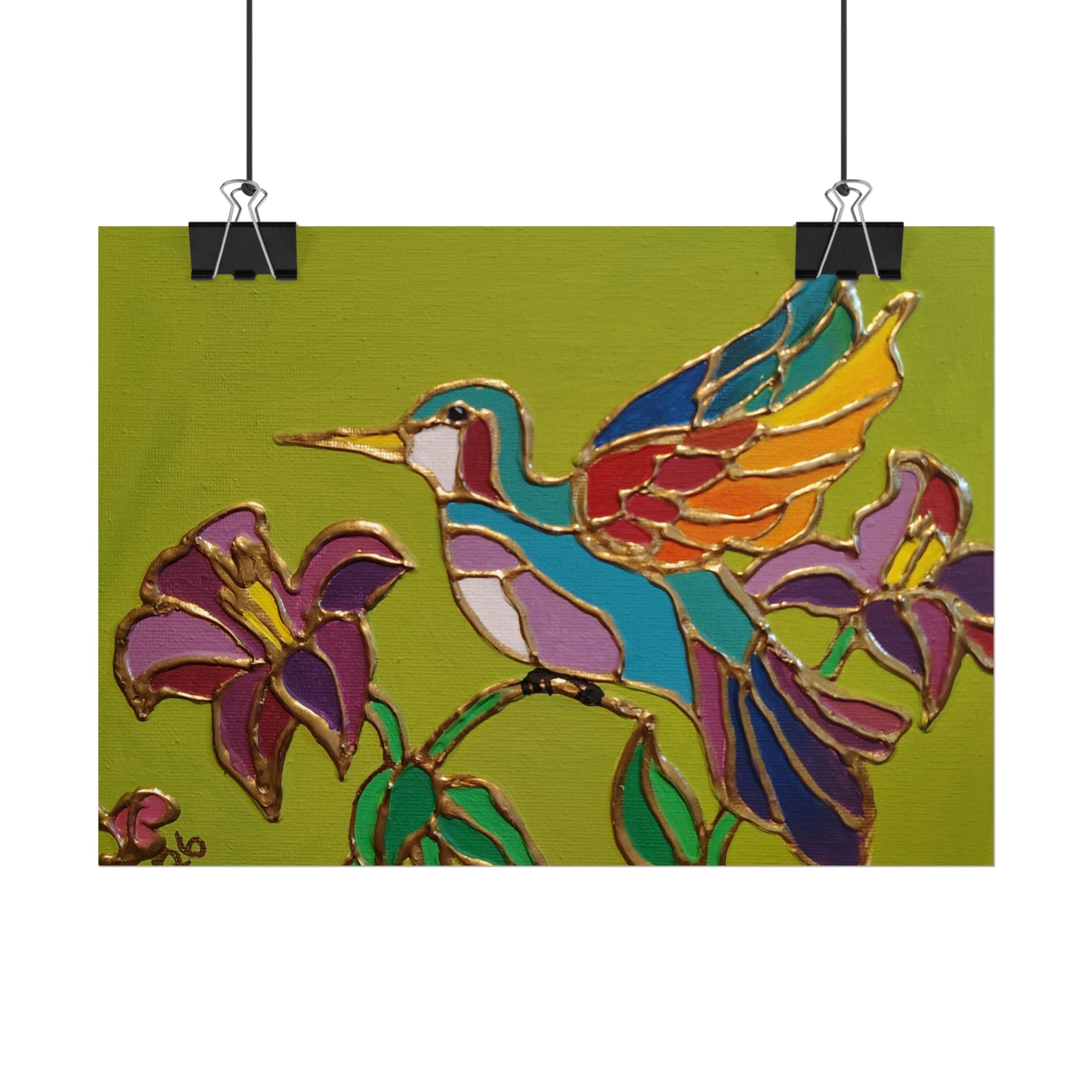Hummingbird Stained-Glass Art Poster - Colorful Floral Wall Decor (Rolled Poster)