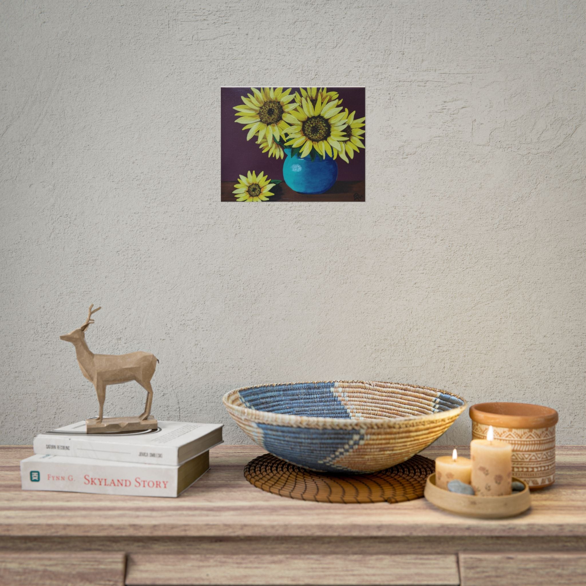 Yellow Sunflowers in Blue Vase Rolled Art Print