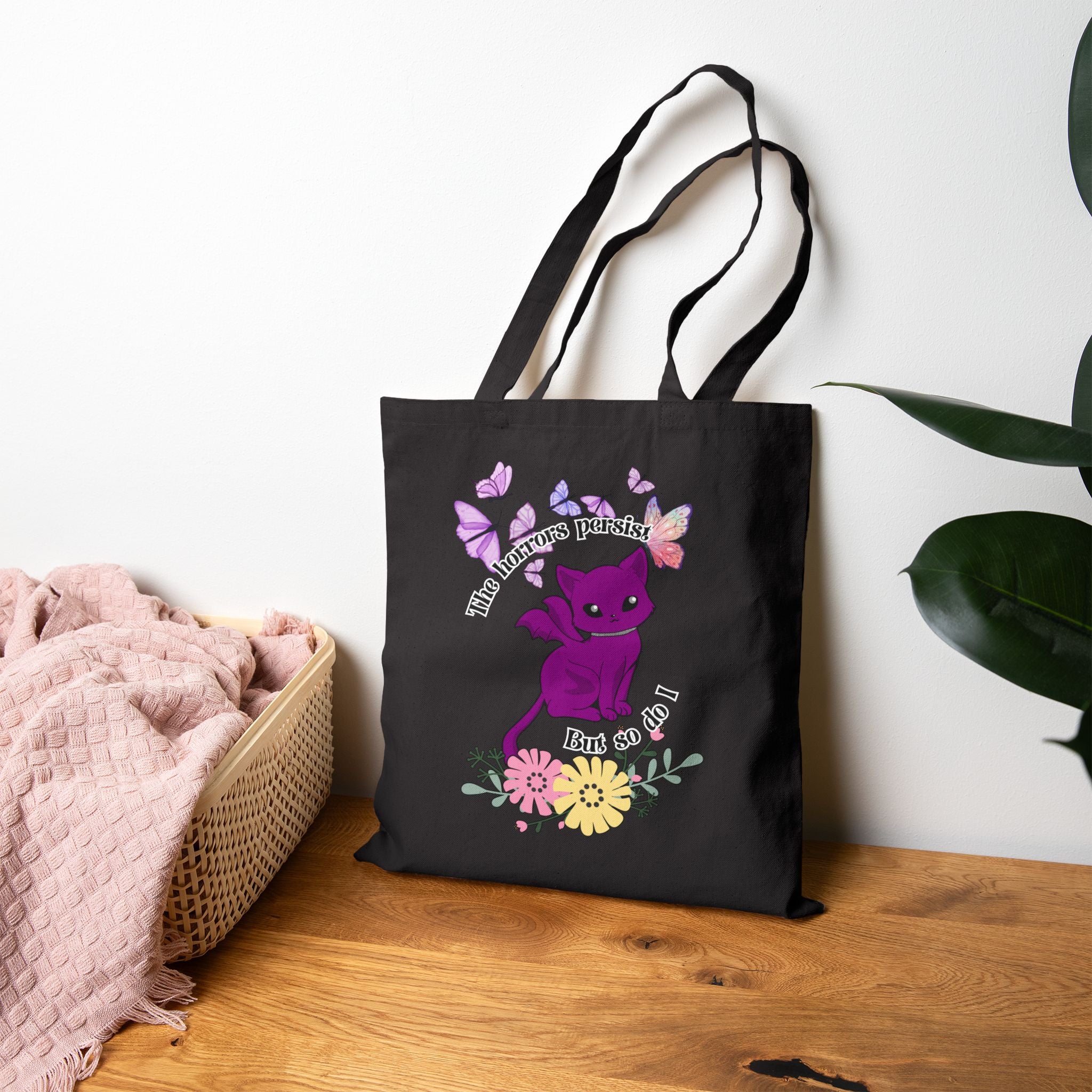 Tote Bag — "The Horrors Persist but so Do I" Floral Purple Cat Canvas Tote