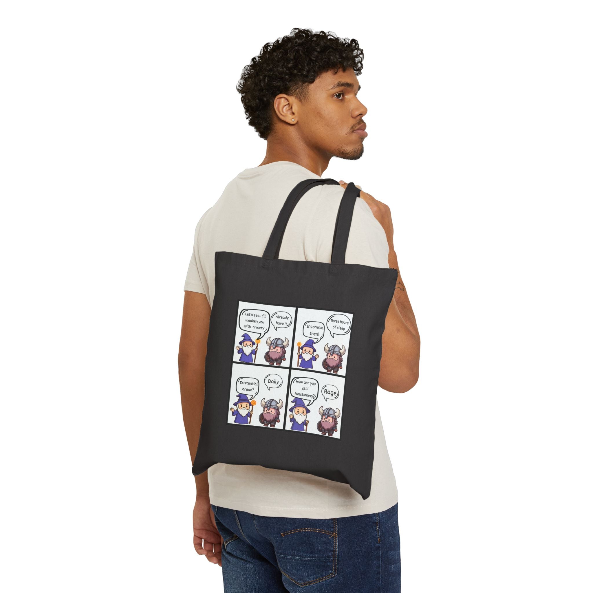 D&D Comic Panel Canvas Tote Bag — Cute Wizard Cartoon Grocery Book Bag