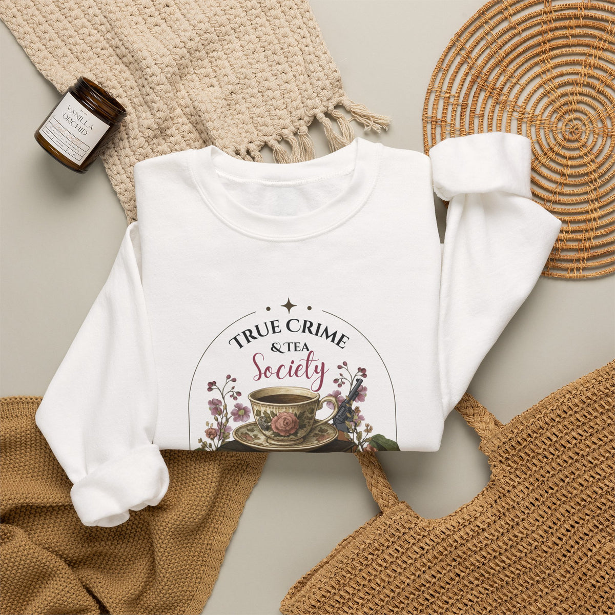 True Crime Book Club Sweatshirt — "True Crime & Tea" Vintage Stack Design