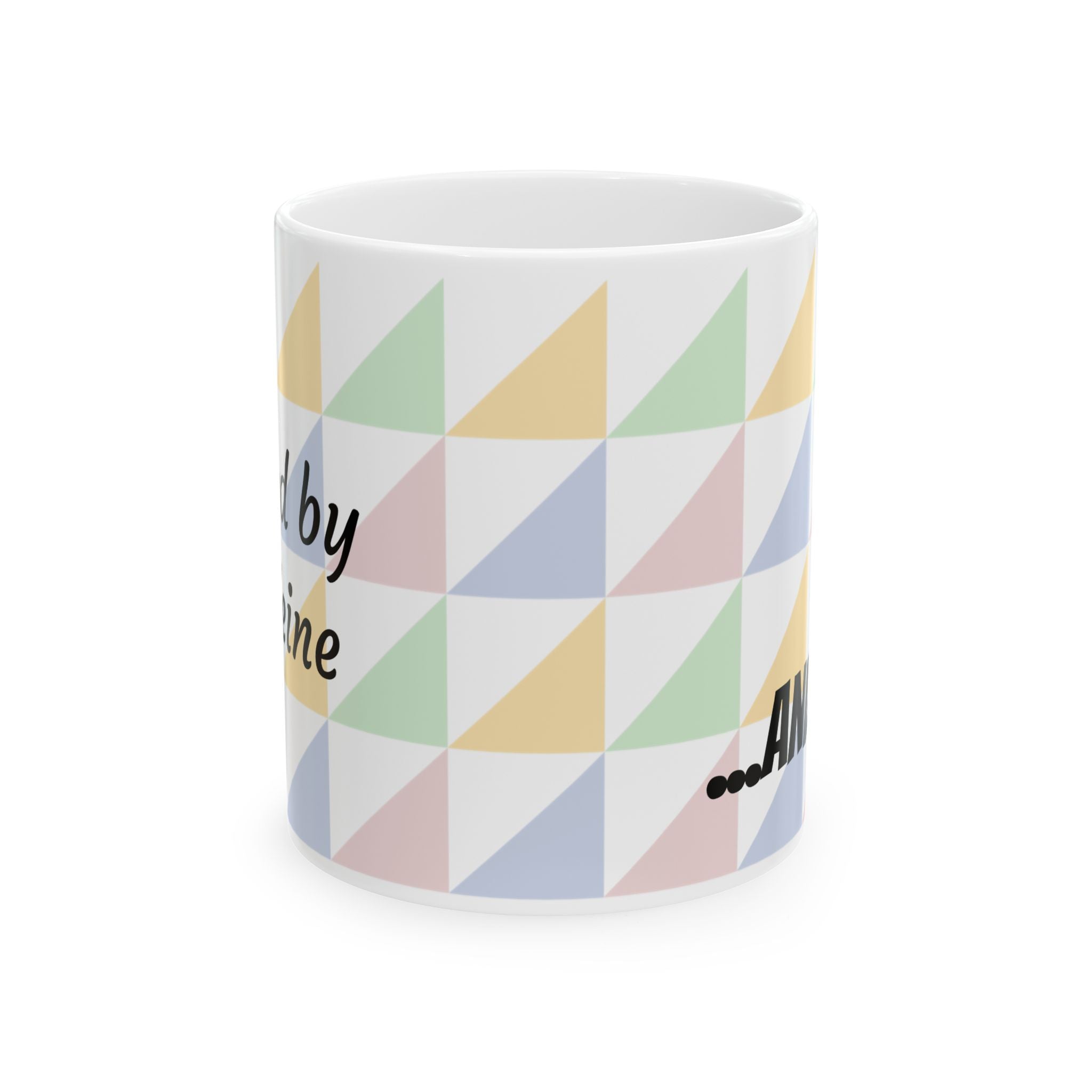 Pastel Geometric Ceramic Mug — 'Fueled by Caffeine...and RAGE' Patterned Coffee Cup (11oz, 15oz)