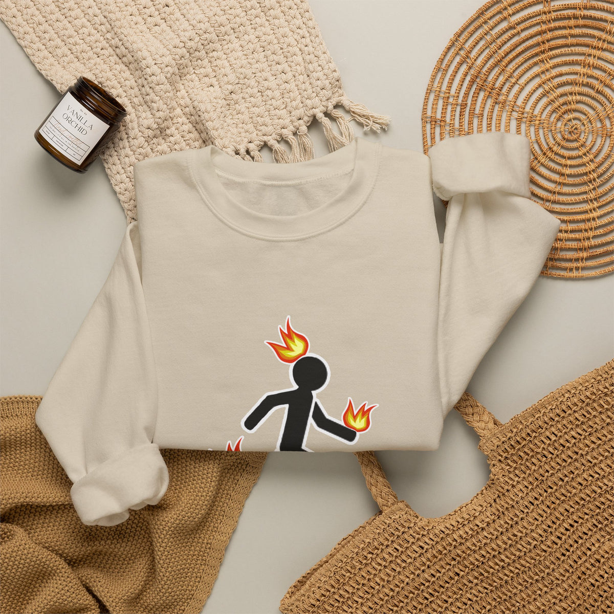 Crewneck Sweatshirt — I Tried It At Home (Funny Stick Figure on Fire Graphic)