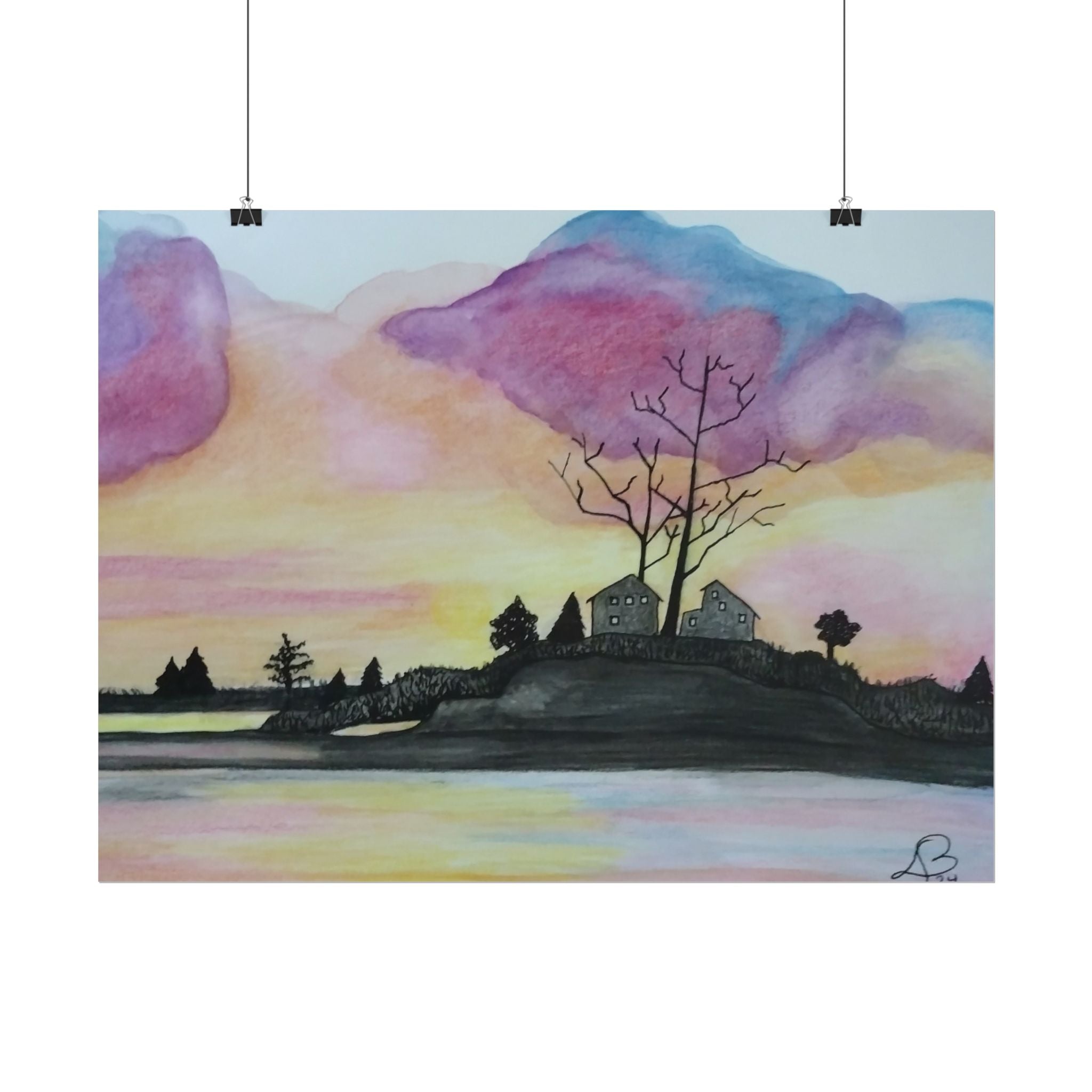 Sunset Lakeside Poster — Watercolor Cottage Landscape Rolled Art Print