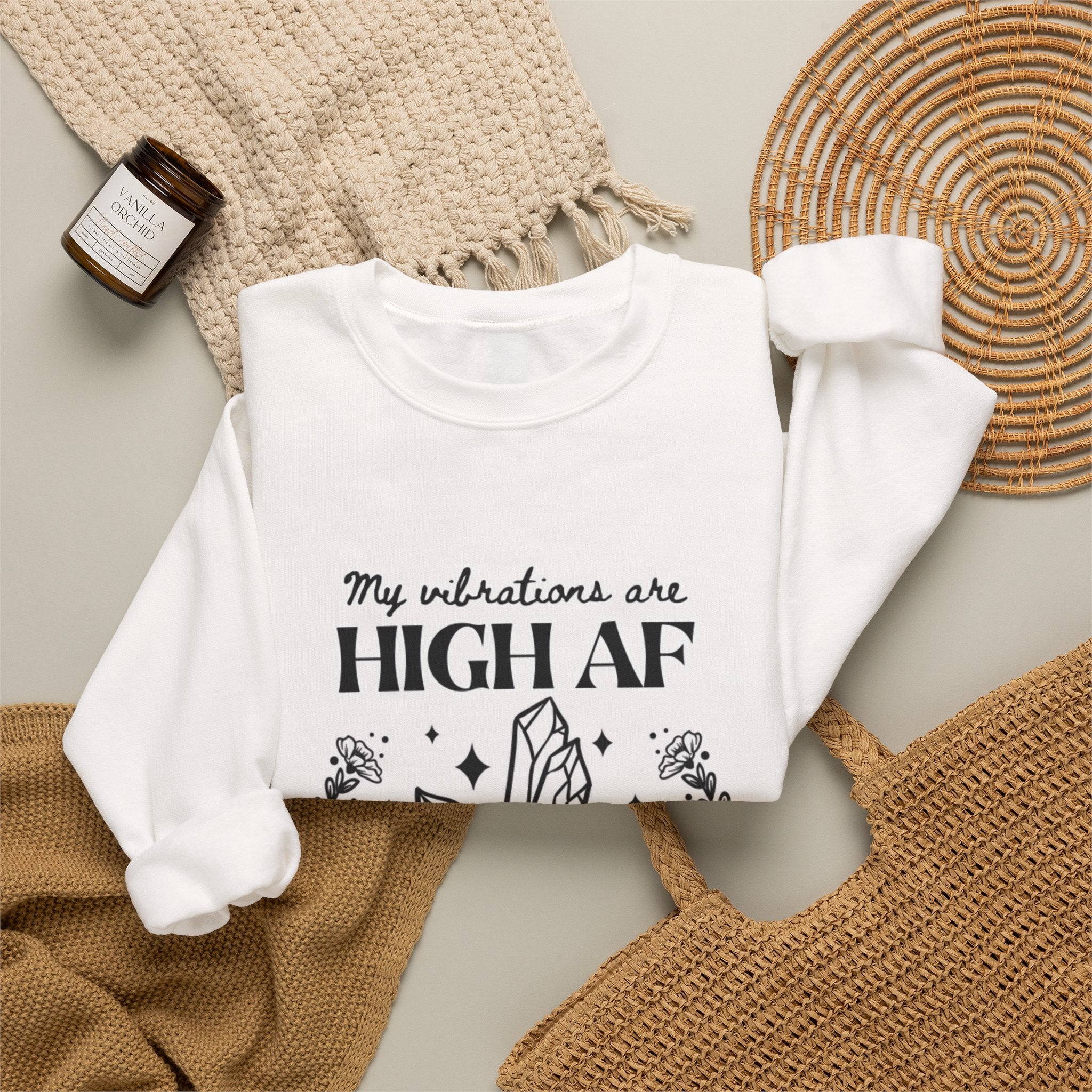 Crewneck Sweatshirt — "My Vibrations Are HIGH AF" Crystal Moon Graphic