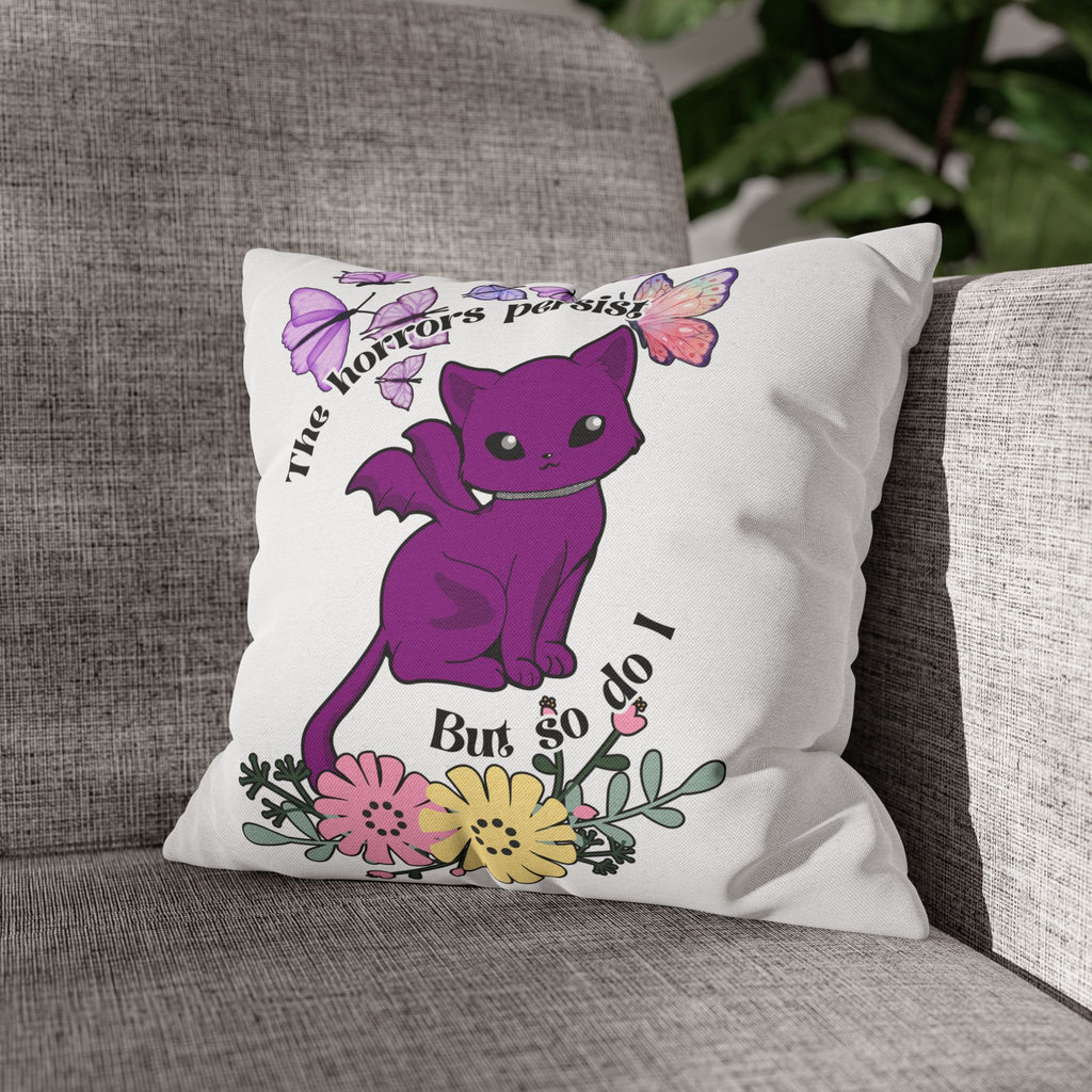 Cute Purple Bat Cat Pillow — "The Horrors Persist But So Do I" Decorative Throw Pillow