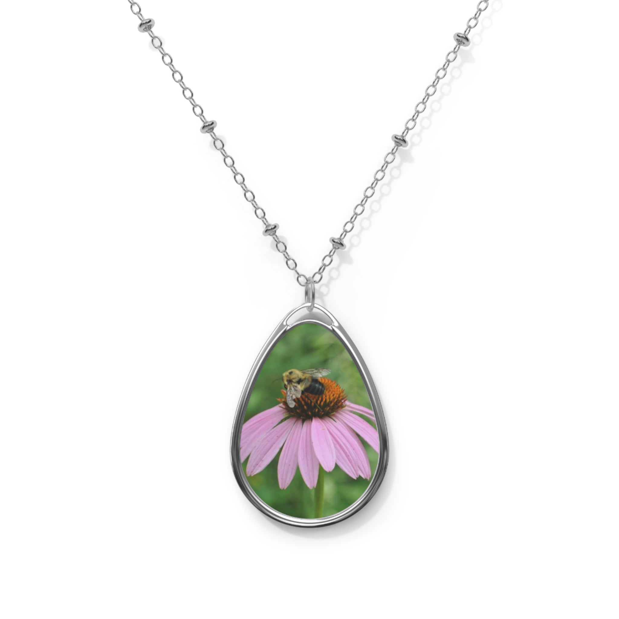 Oval Necklace — Bee on Pink Coneflower Teardrop Pendant Necklace