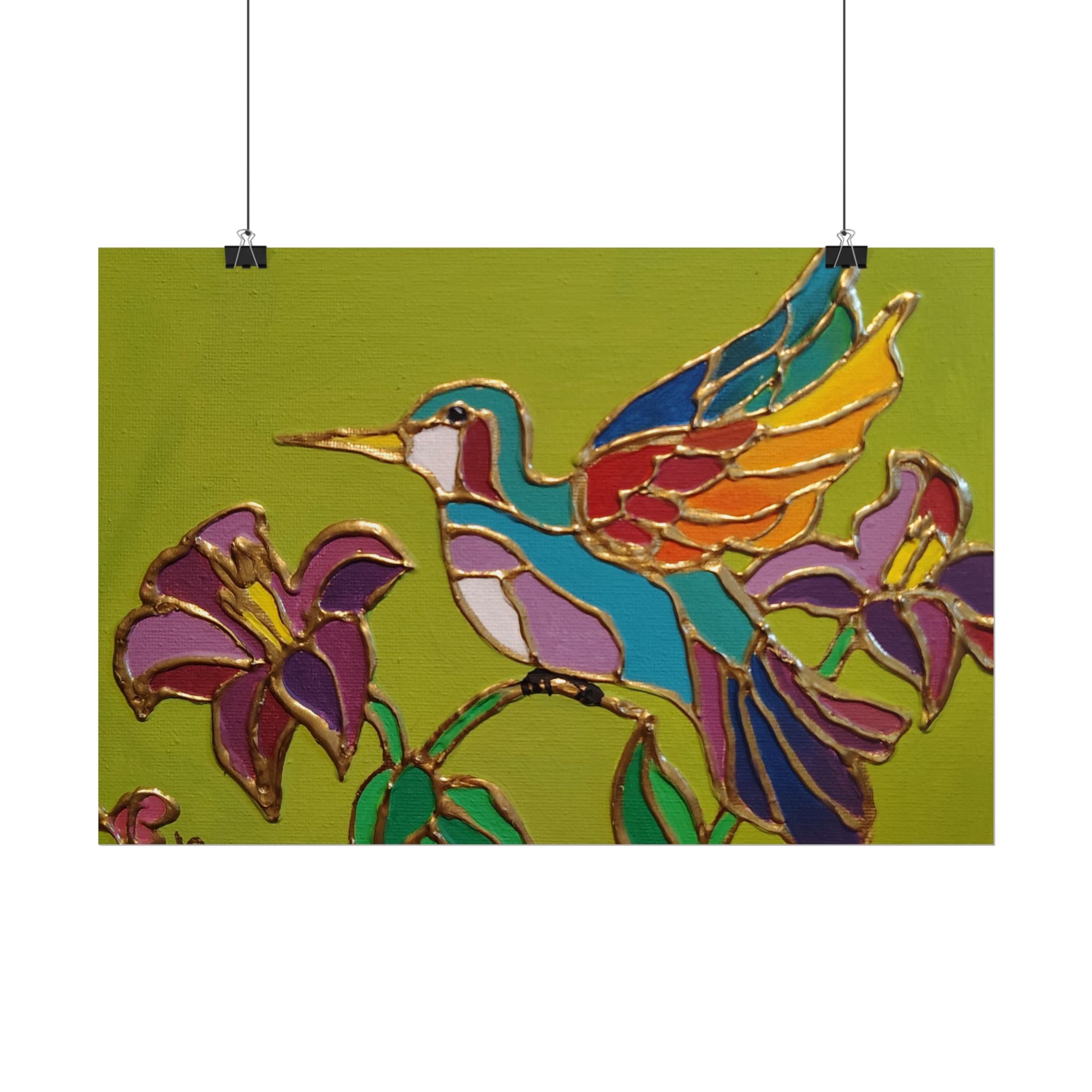 Hummingbird Stained-Glass Art Poster - Colorful Floral Wall Decor (Rolled Poster)