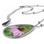 Oval Necklace — Bee on Pink Coneflower Teardrop Pendant Necklace