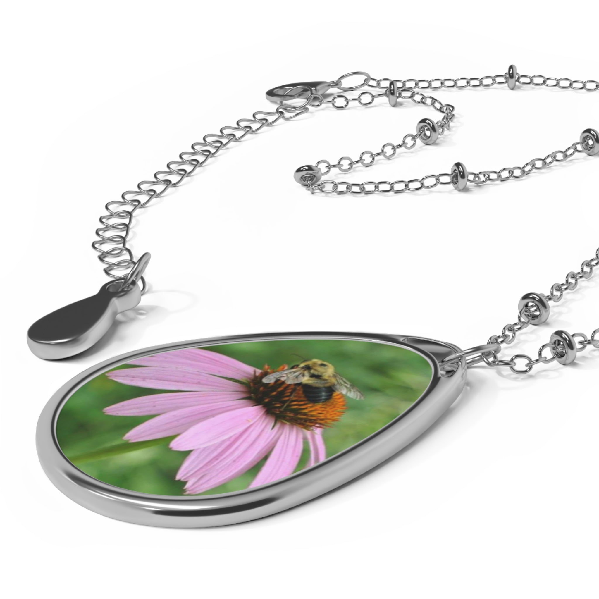 Oval Necklace — Bee on Pink Coneflower Teardrop Pendant Necklace