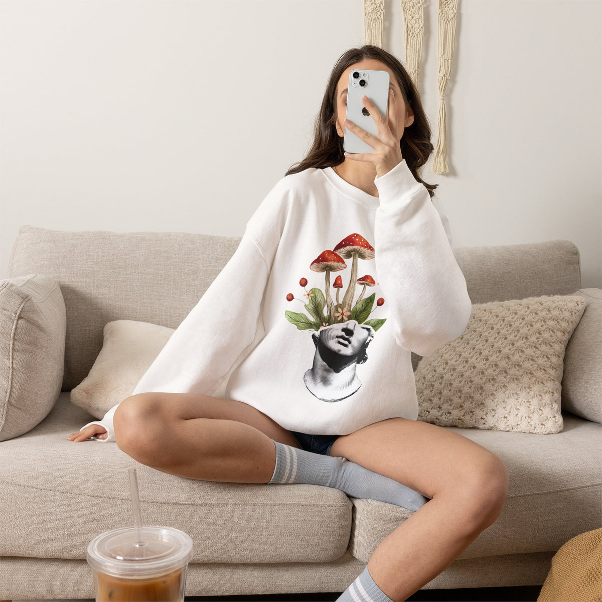 Mushroom Head Art Sweatshirt — Surreal Botanical Crewneck