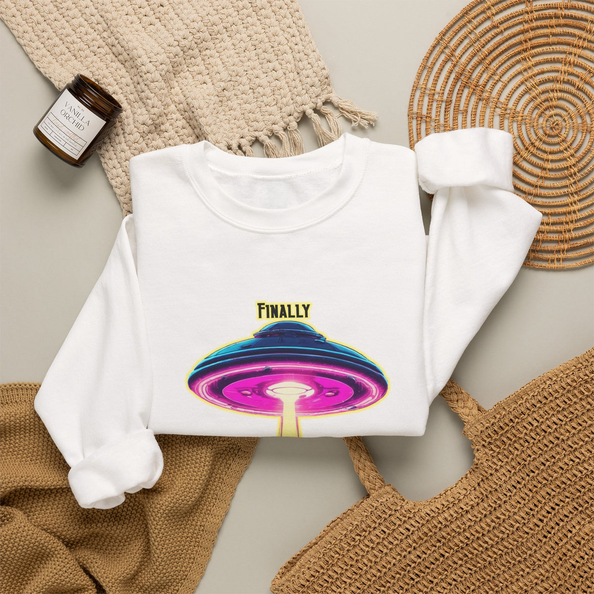 Crewneck Sweatshirt — "Finally We Found Intelligent Life" Neon UFO Graphic