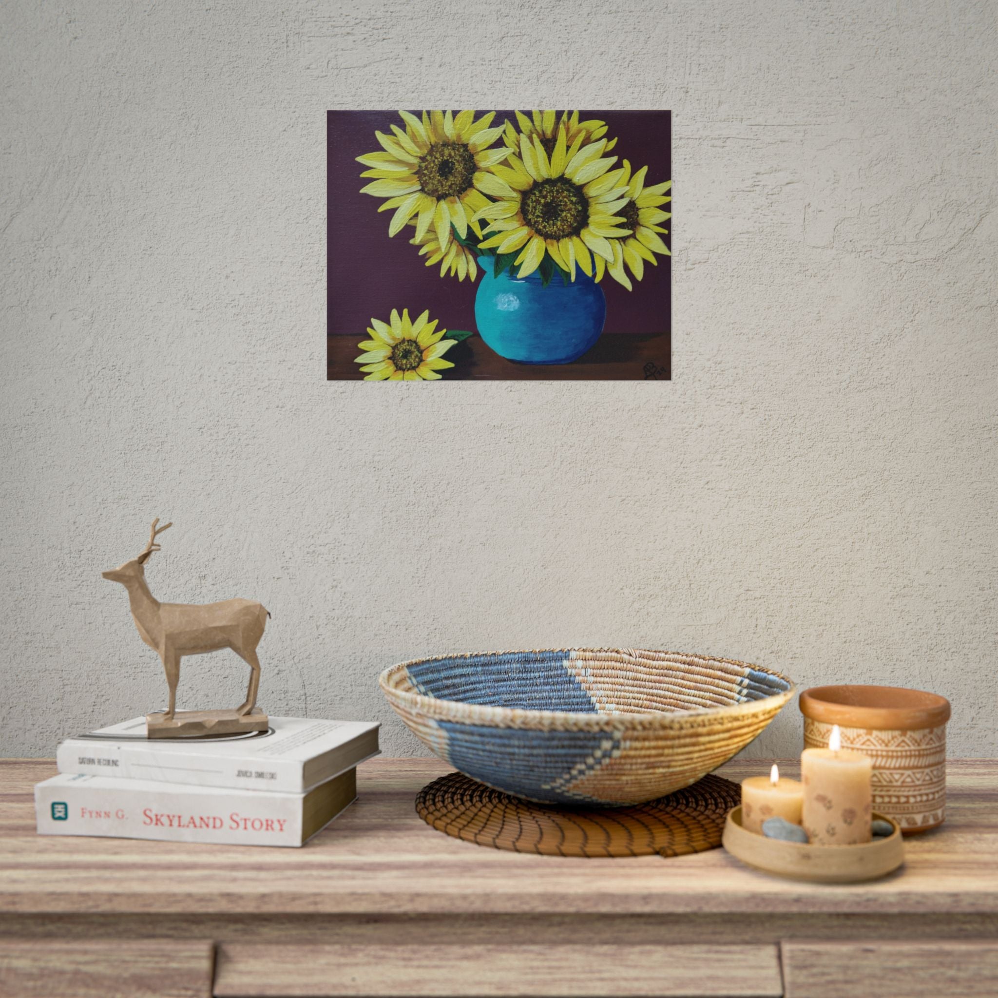 Yellow Sunflowers in Blue Vase Rolled Art Print