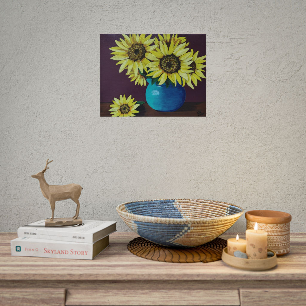 Yellow Sunflowers in Blue Vase Rolled Art Print