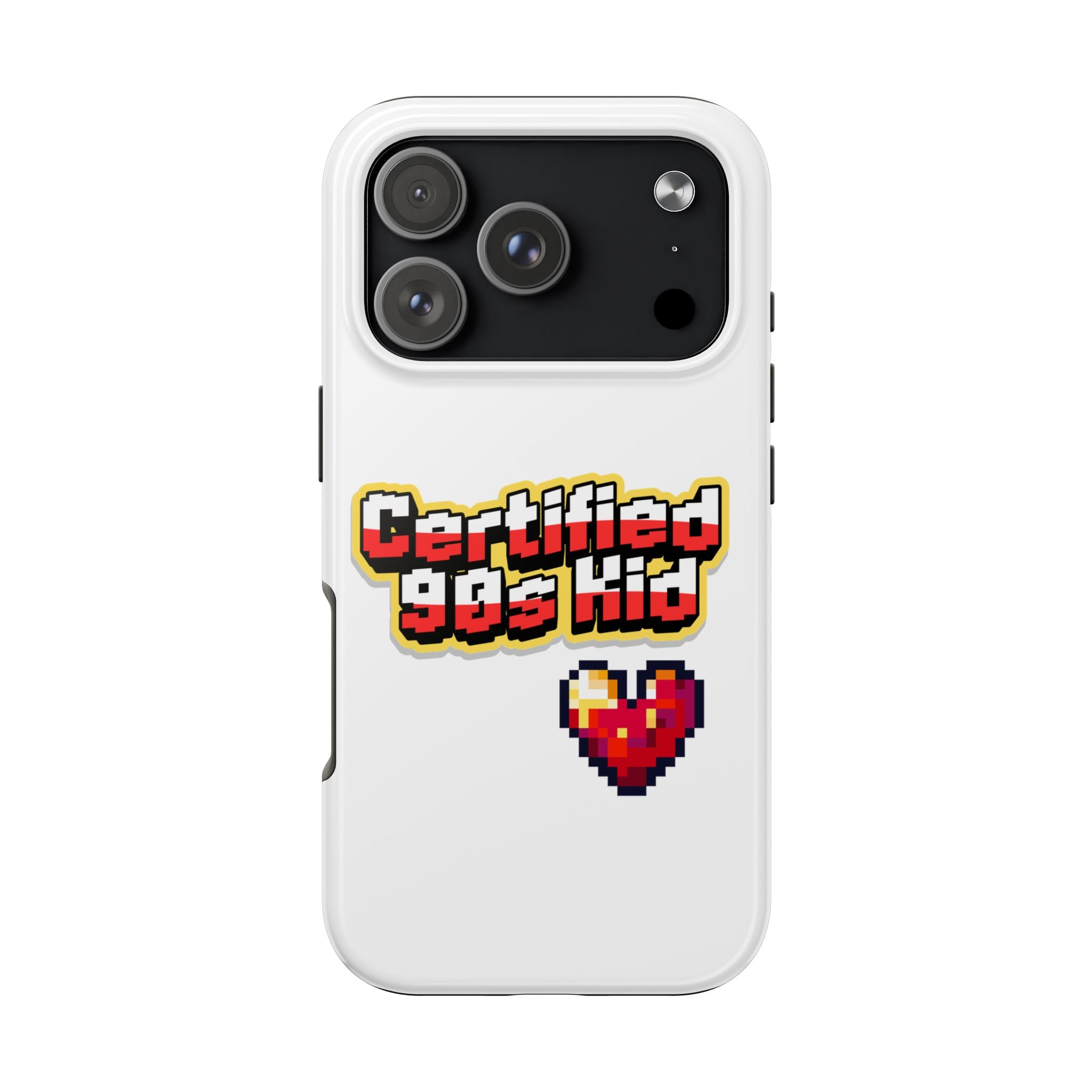 Certified 90s Kid Tough Phone Case — Retro Pixel Art Heart Protective Cover