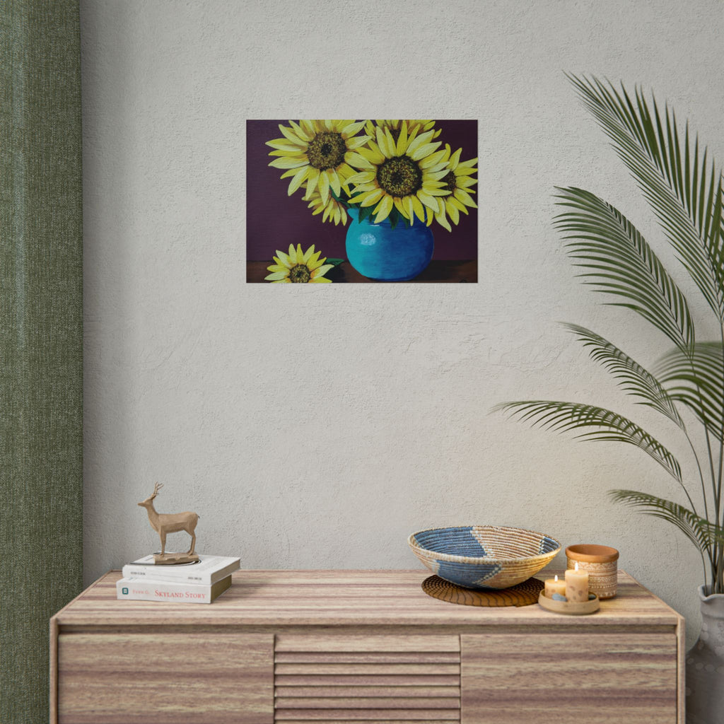 Yellow Sunflowers in Blue Vase Rolled Art Print