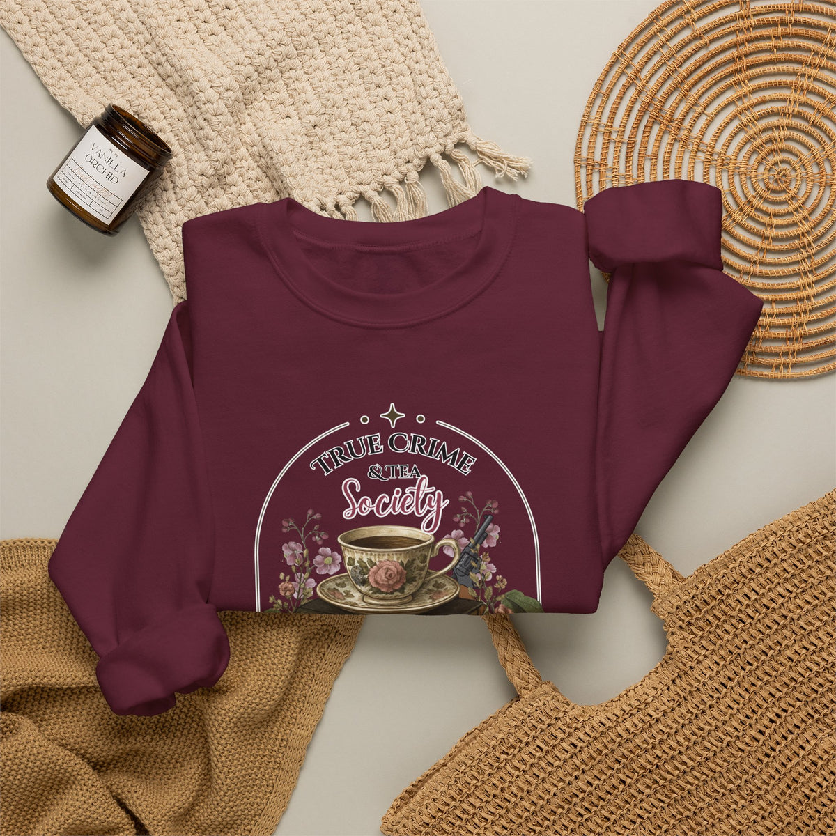 True Crime Book Club Sweatshirt — "True Crime & Tea" Vintage Stack Design