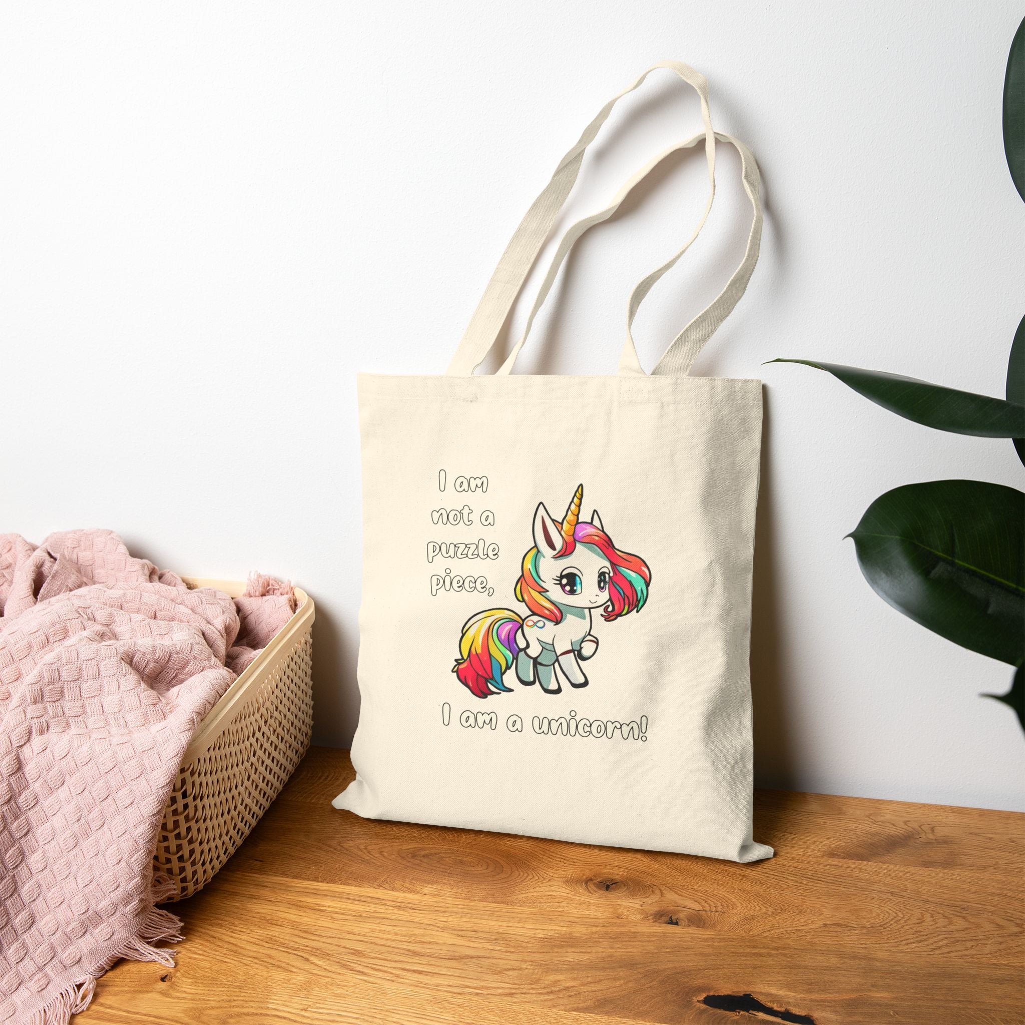 Unicorn Canvas Tote Bag — "I am Not a Puzzle Piece. I am a Unicorn!" Cute Rainbow Tote for Kids & Gift