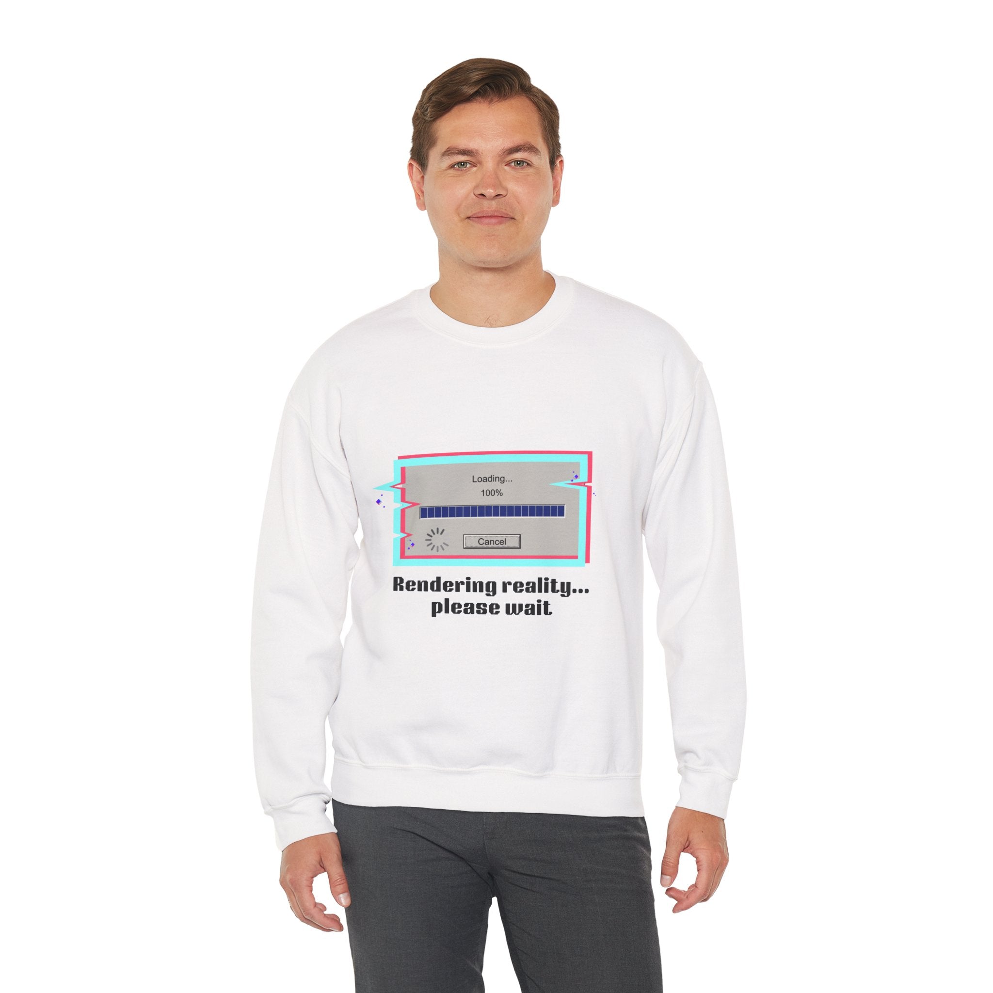 Crewneck Sweatshirt — "Rendering reality... please wait" Retro Loading Graphic