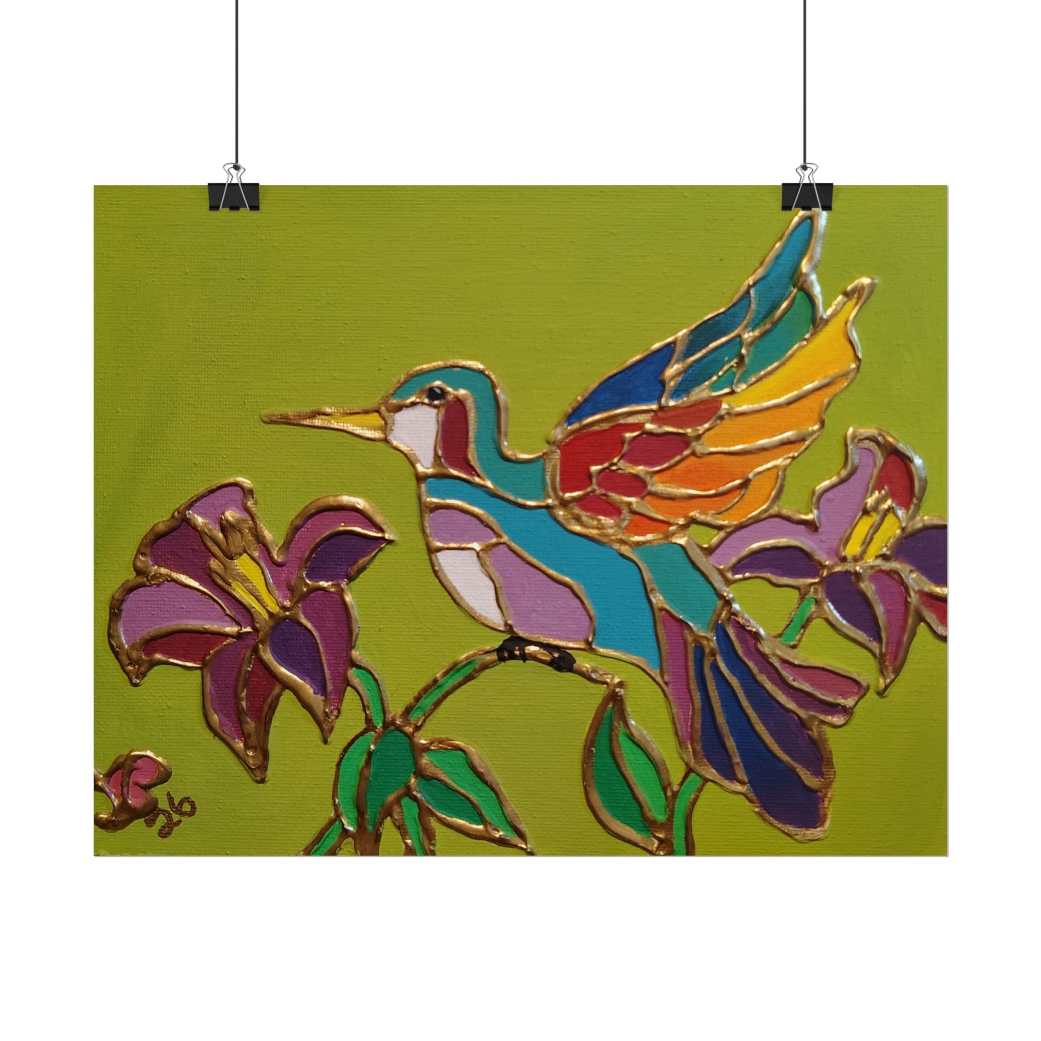 Hummingbird Stained-Glass Art Poster - Colorful Floral Wall Decor (Rolled Poster)