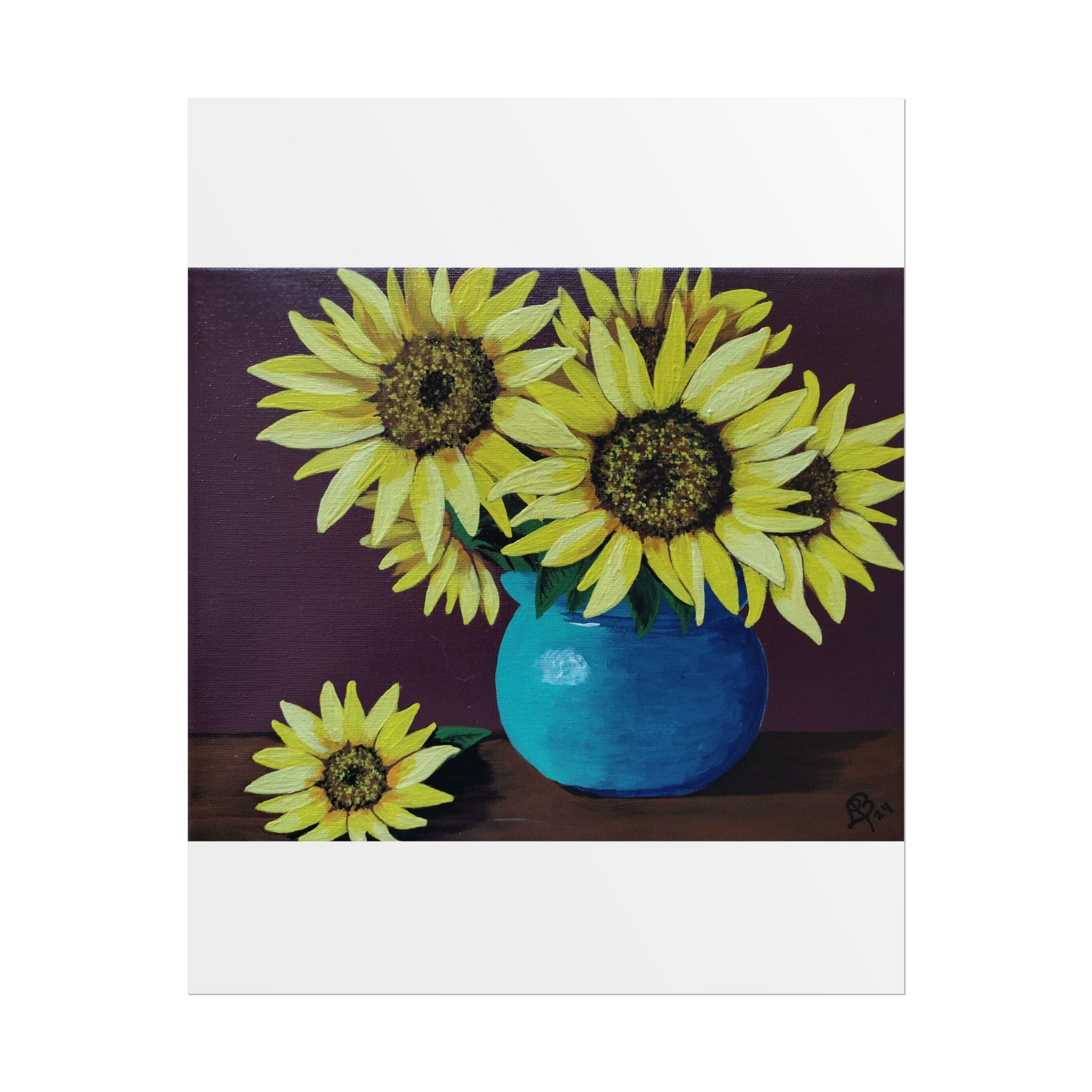 Yellow Sunflowers in Blue Vase Rolled Art Print