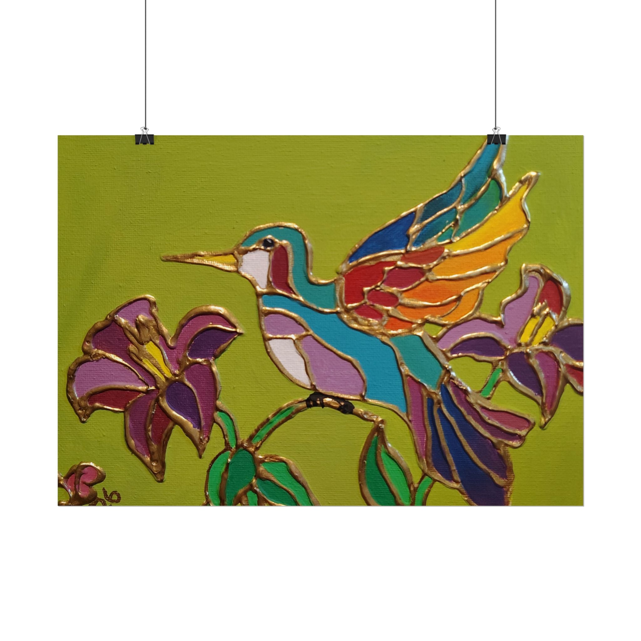 Hummingbird Stained-Glass Art Poster - Colorful Floral Wall Decor (Rolled Poster)
