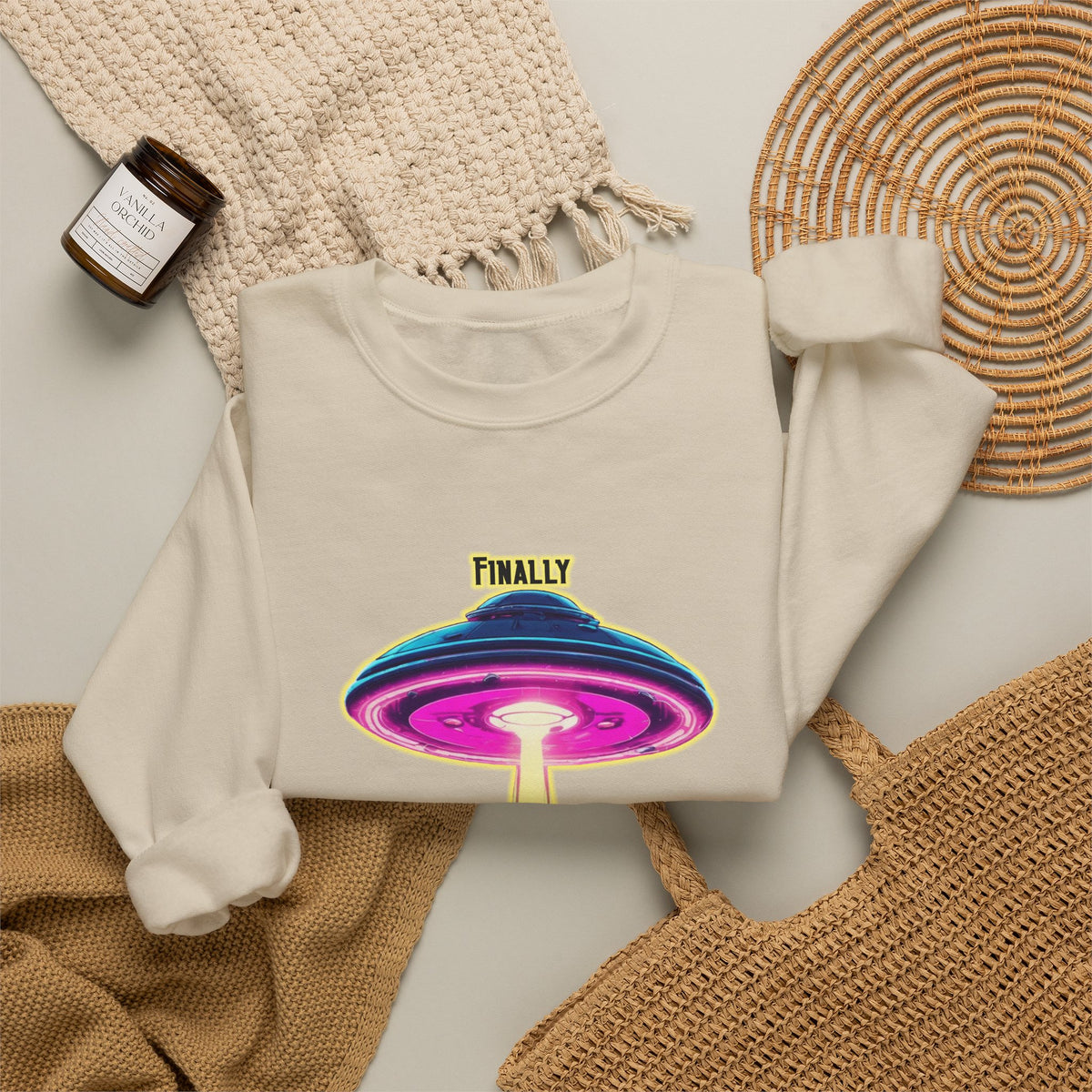Crewneck Sweatshirt — "Finally We Found Intelligent Life" Neon UFO Graphic