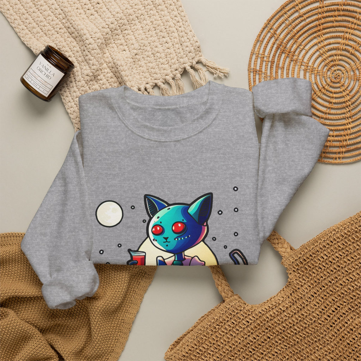 Alien Cat Crewneck Sweatshirt — Neon Cosmic Cat Graphic