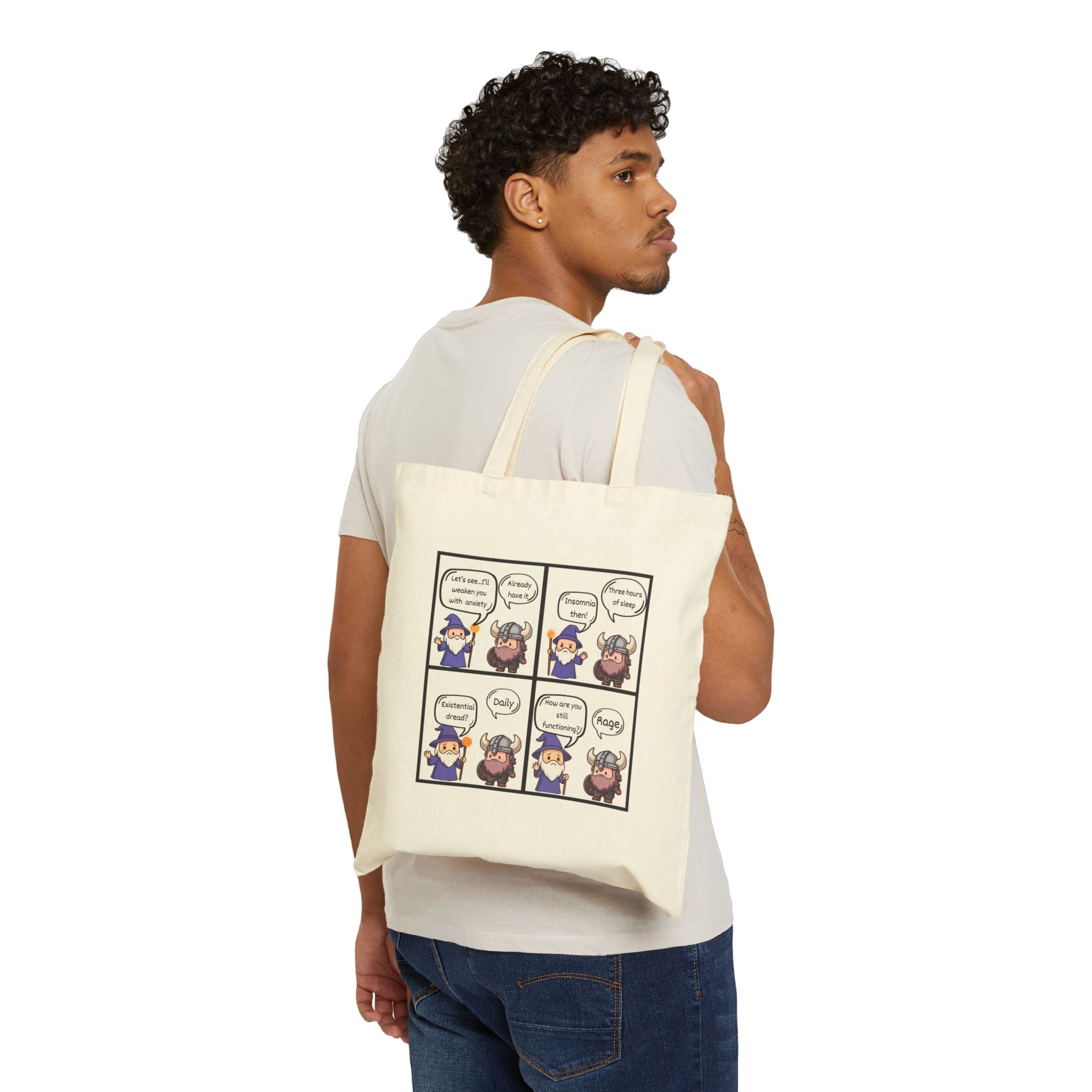 D&D Comic Panel Canvas Tote Bag — Cute Wizard Cartoon Grocery Book Bag