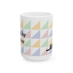 Pastel Geometric Ceramic Mug — 'Fueled by Caffeine...and RAGE' Patterned Coffee Cup (11oz, 15oz)