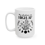 'My Vibrations are High AF' Ceramic Mug — Magical Moon & Tarot Coffee Cup (11oz/15oz)