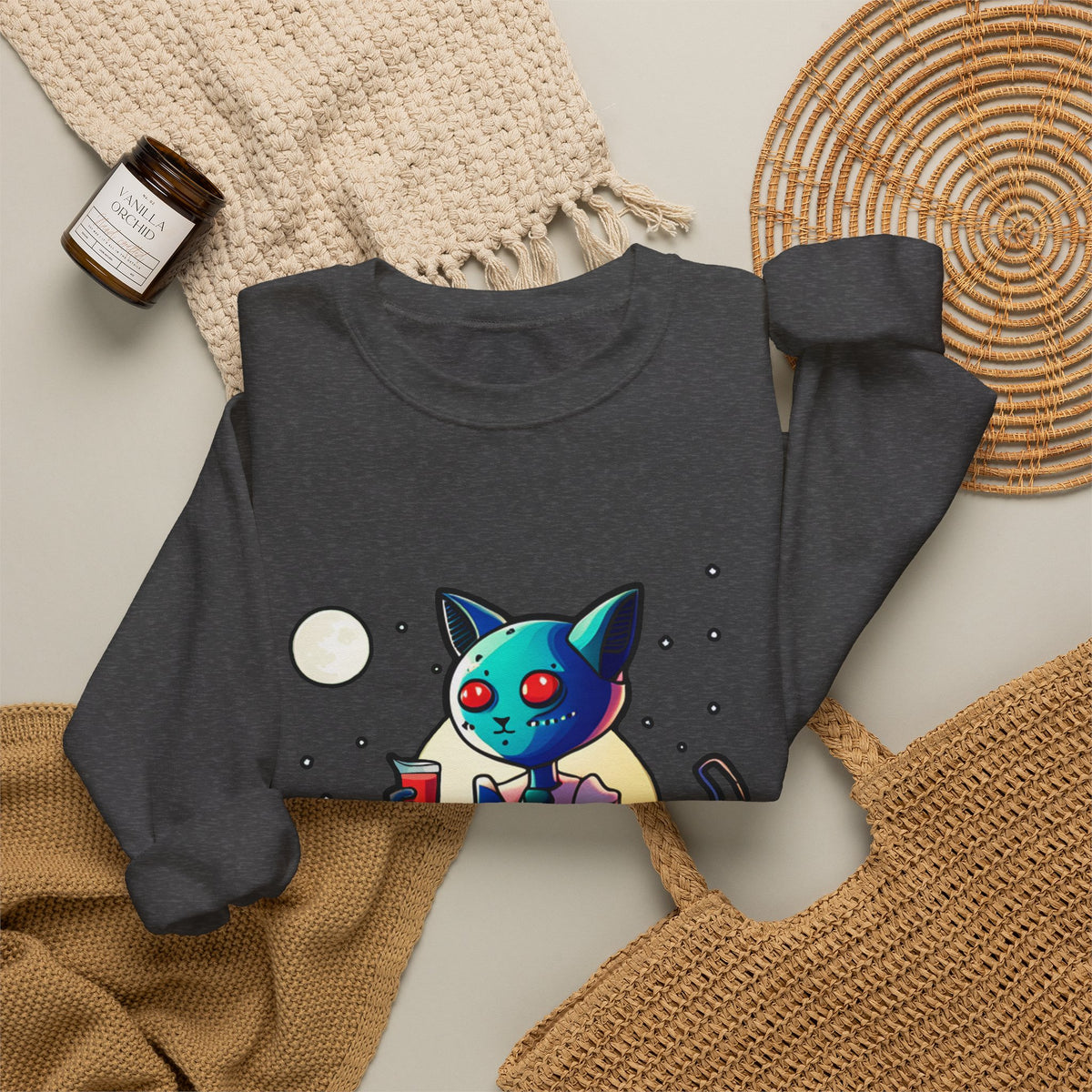 Alien Cat Crewneck Sweatshirt — Neon Cosmic Cat Graphic