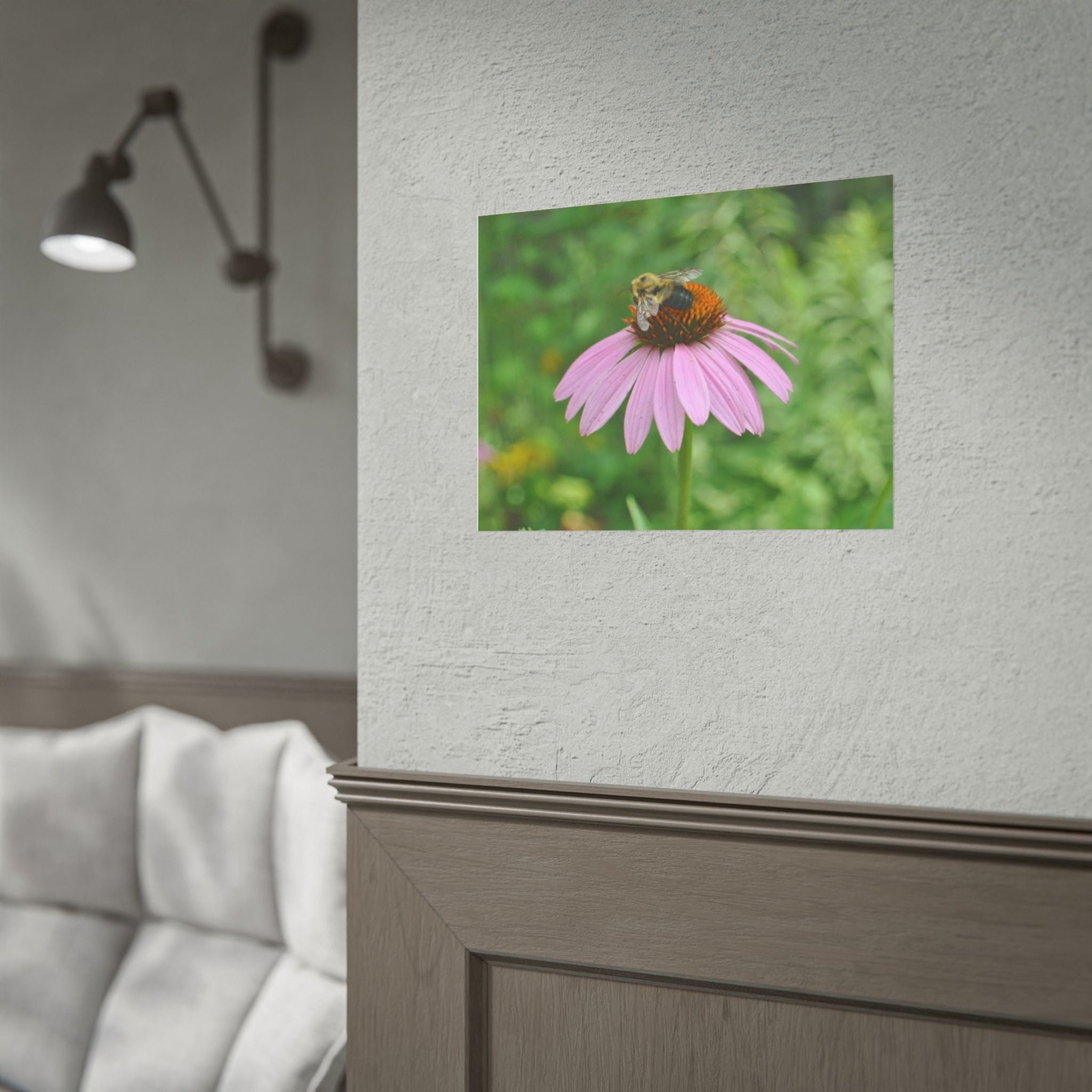 Bee on Pink Coneflower Rolled Poster — Nature Photography Wall Art