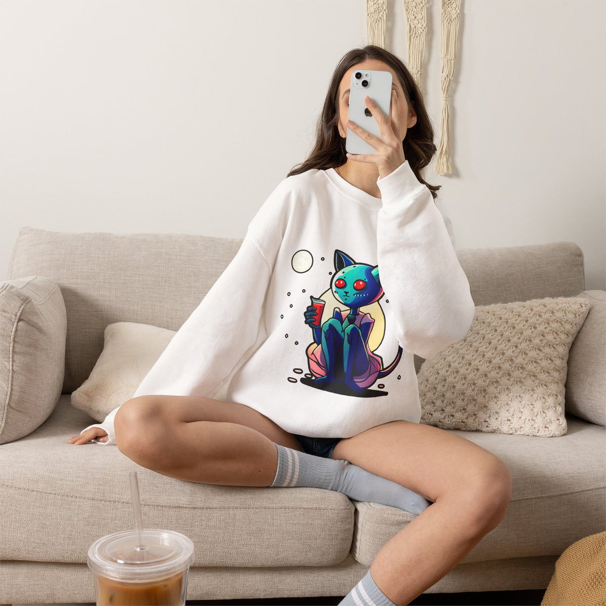 Alien Cat Crewneck Sweatshirt — Neon Cosmic Cat Graphic