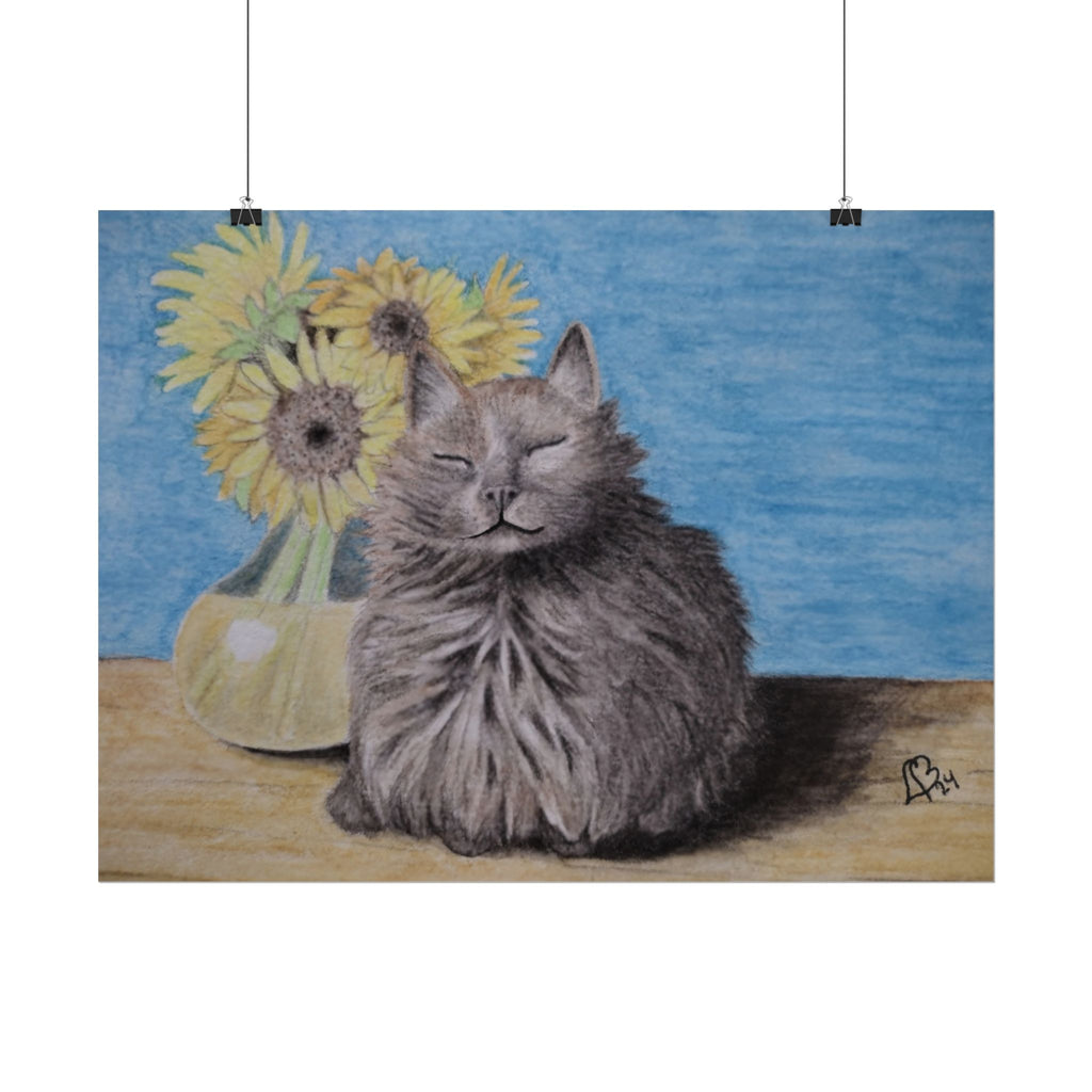 Cat with Sunflowers Poster — Rolled Art Print